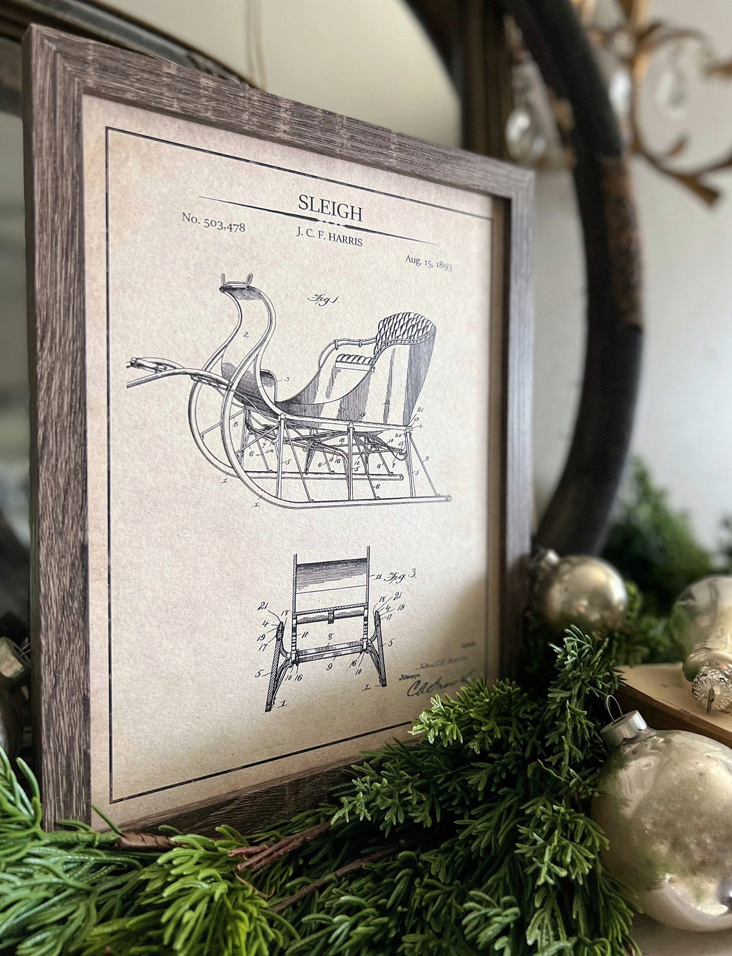 Christmas Patent SLED Wood Sign FRAMED Vintage Christmas Farmhouse Wall Art Print Primitive