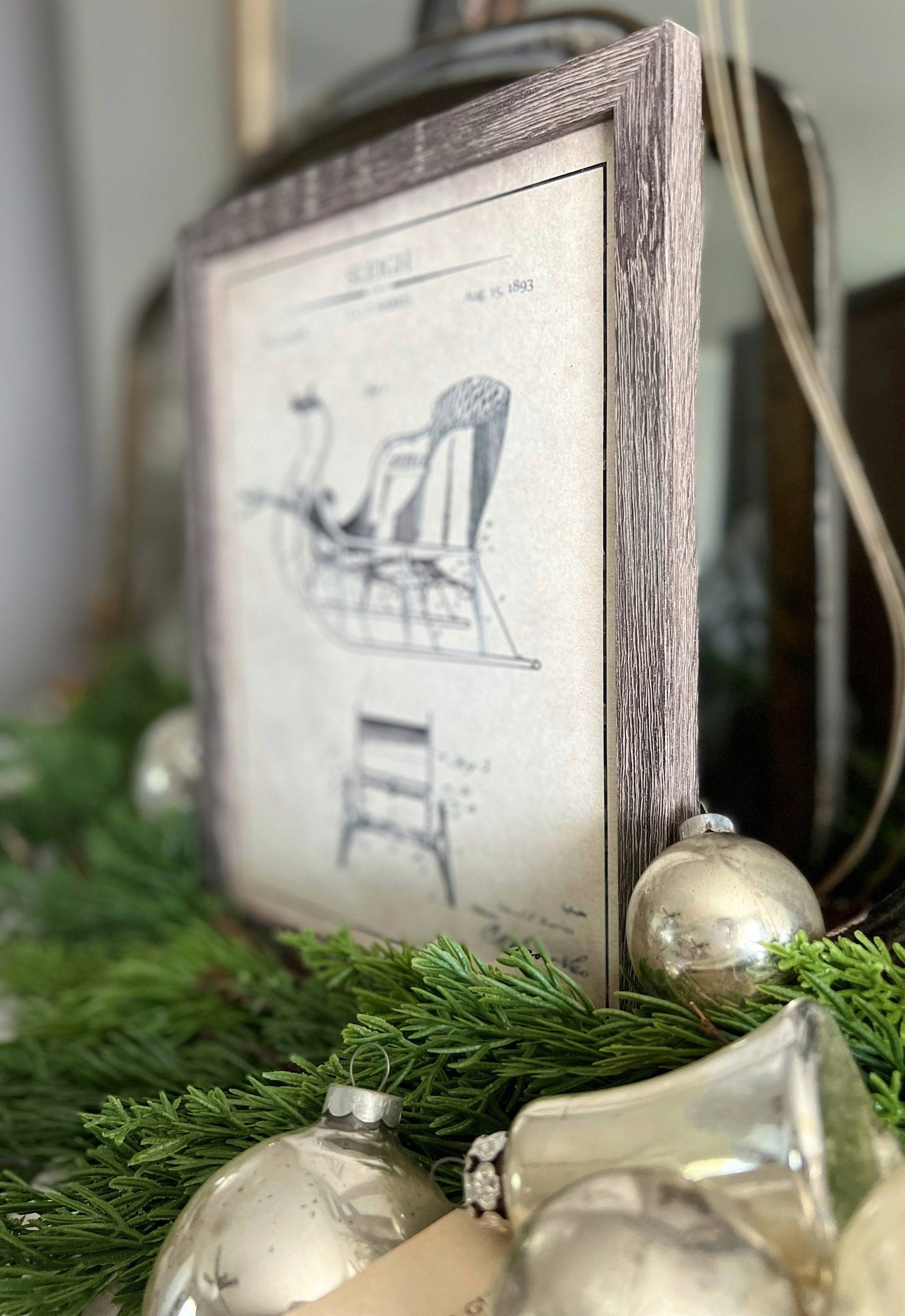 Christmas Patent SLED Wood Sign FRAMED Vintage Christmas Farmhouse Wall Art Print Primitive