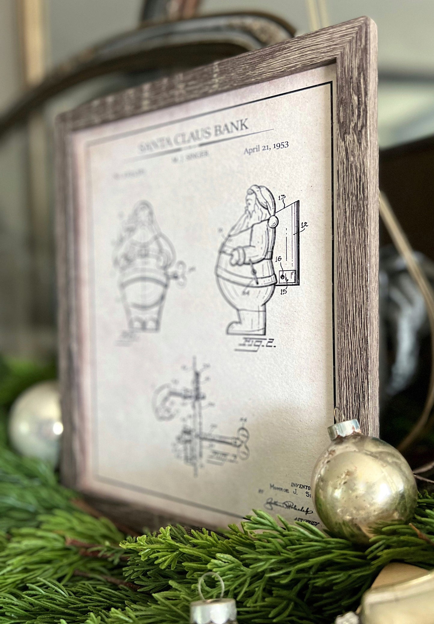 Christmas Patent SANTA Wood Sign FRAMED Vintage Christmas Farmhouse Wall Art Print Primitive