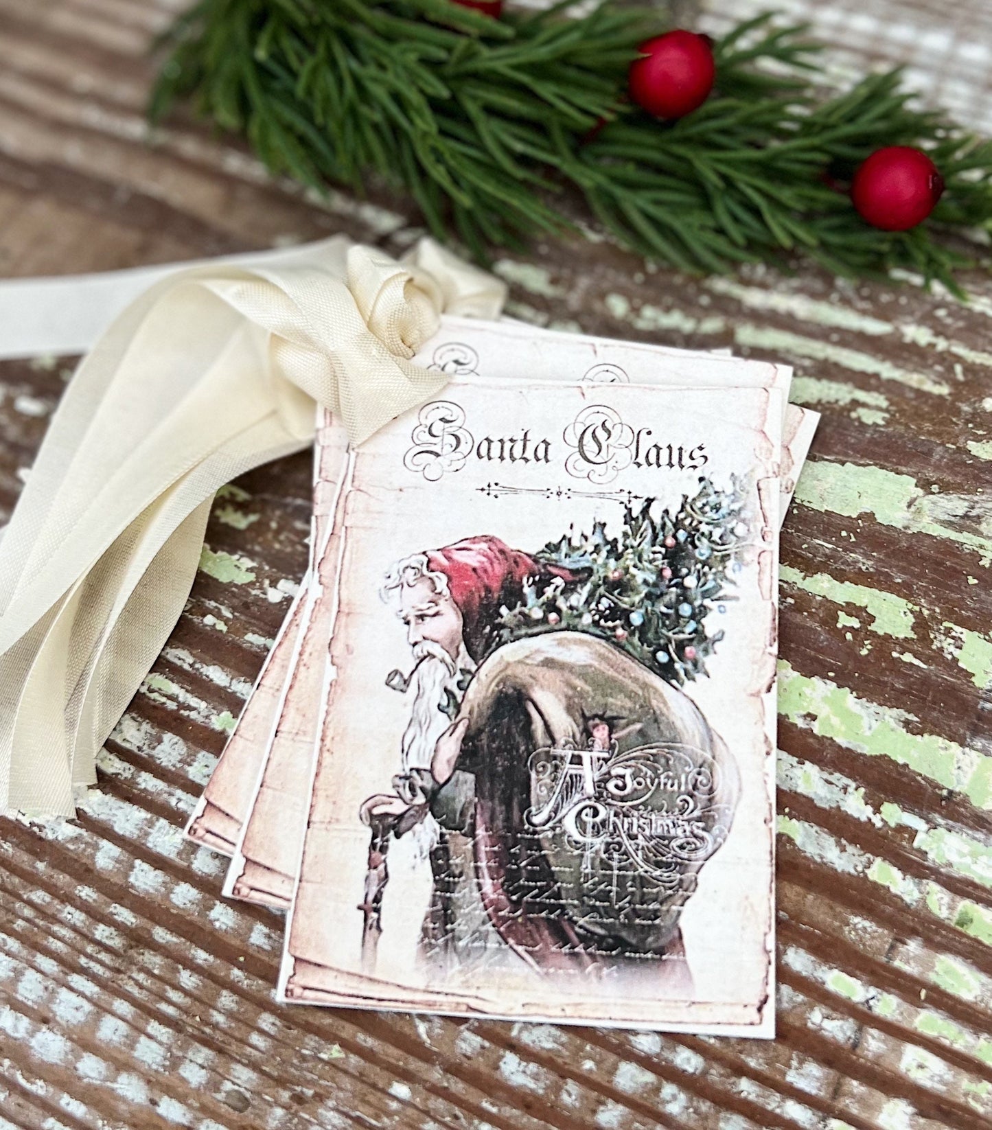 Christmas Gift Tags Vintage SANTA CLAUS with Tree and Pipe Farmhouse Christmas Decor Christmas Card French Shabby Gift Wrap