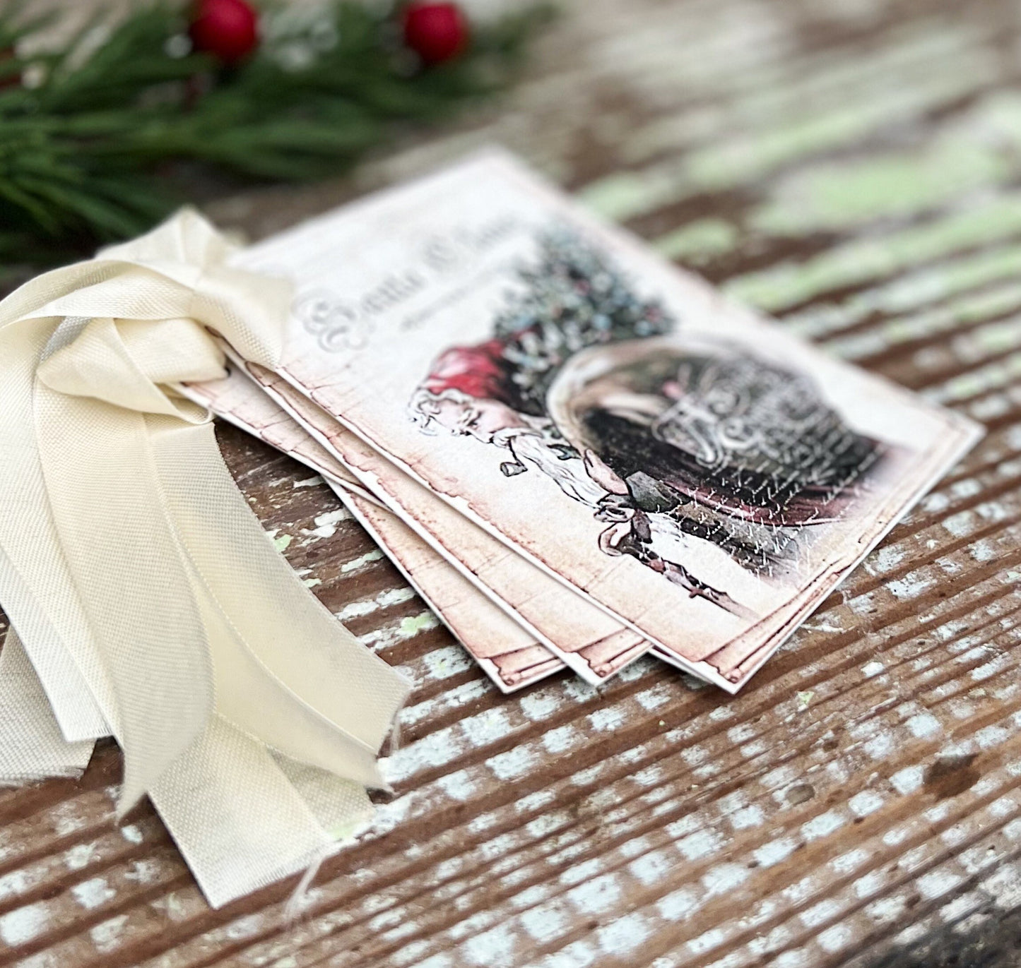 Christmas Gift Tags Vintage SANTA CLAUS with Tree and Pipe Farmhouse Christmas Decor Christmas Card French Shabby Gift Wrap