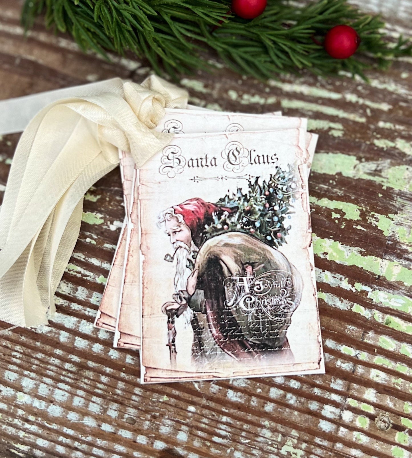 Christmas Gift Tags Vintage SANTA CLAUS with Tree and Pipe Farmhouse Christmas Decor Christmas Card French Shabby Gift Wrap