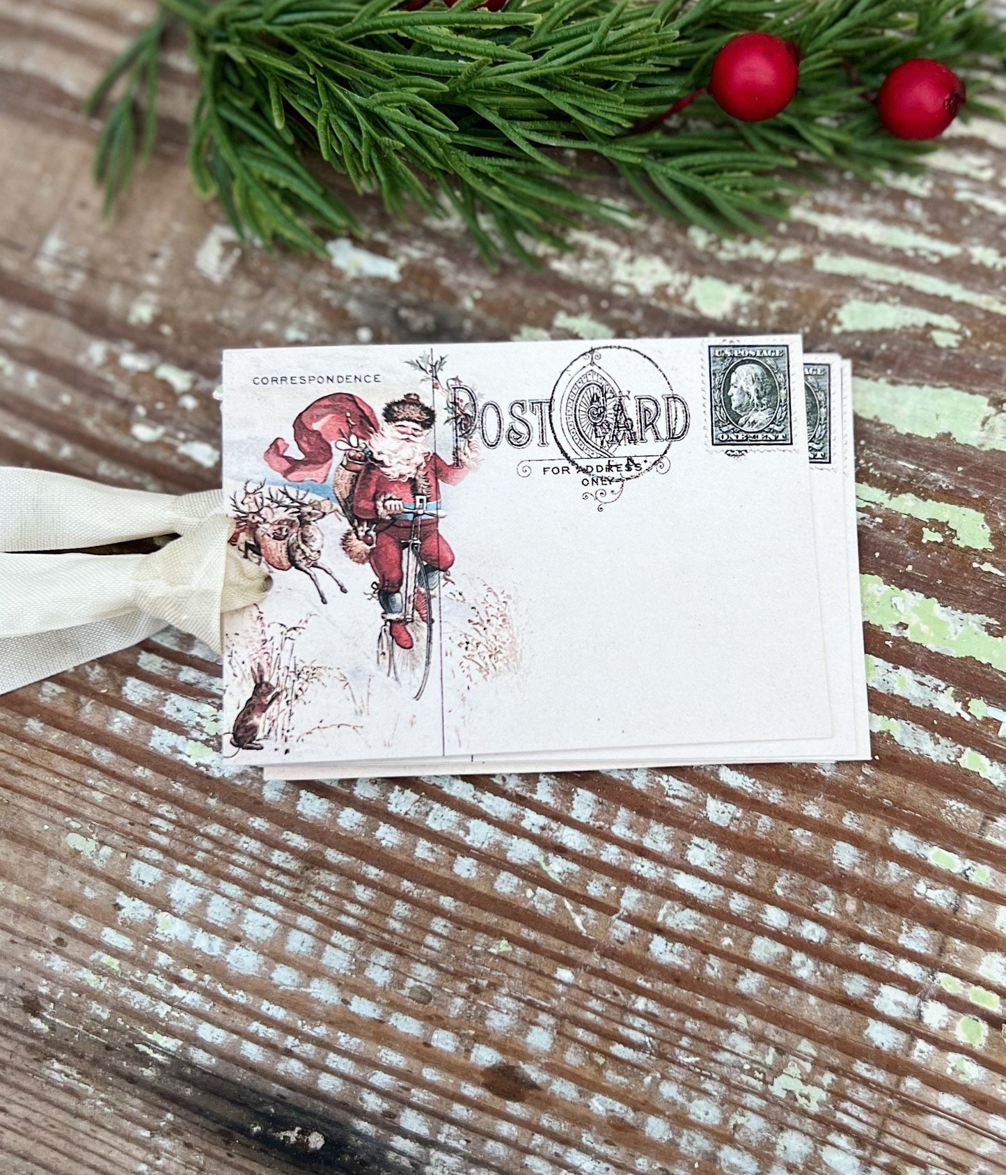 Christmas Gift Tags Vintage SANTA BICYCLE Post Card Farmhouse Decor Card French Shabby Gift Wrap Christmas Tree Ornament