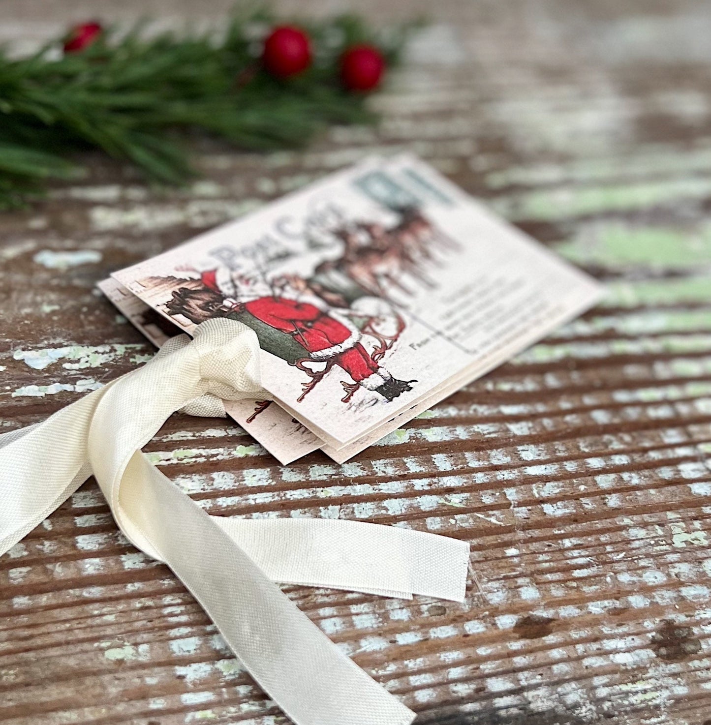 Christmas Gift Tags Vintage SANTA with Reindeer Sled Post Card Farmhouse Decor Card French Shabby Gift Wrap Christmas Tree Ornament