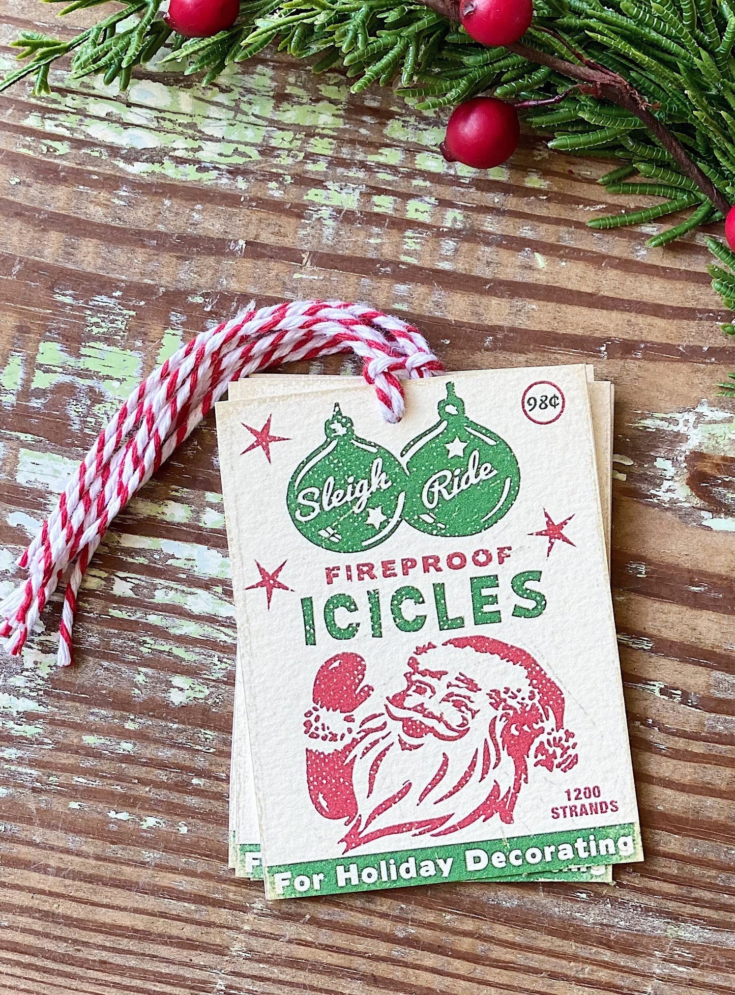 Christmas Gift Tags Vintage SANTA ICICLES Red Green Farmhouse Decor Gift Wrap