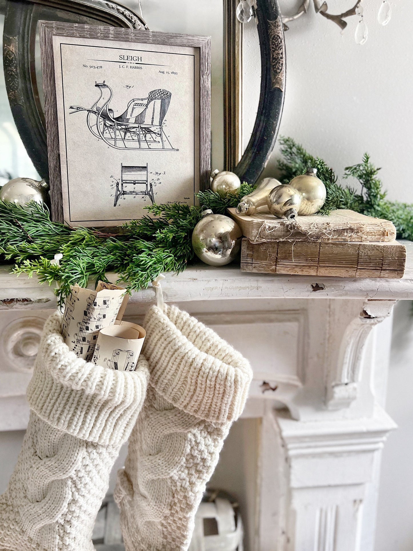 Christmas Patent SLED Wood Sign FRAMED Vintage Christmas Farmhouse Wall Art Print Primitive