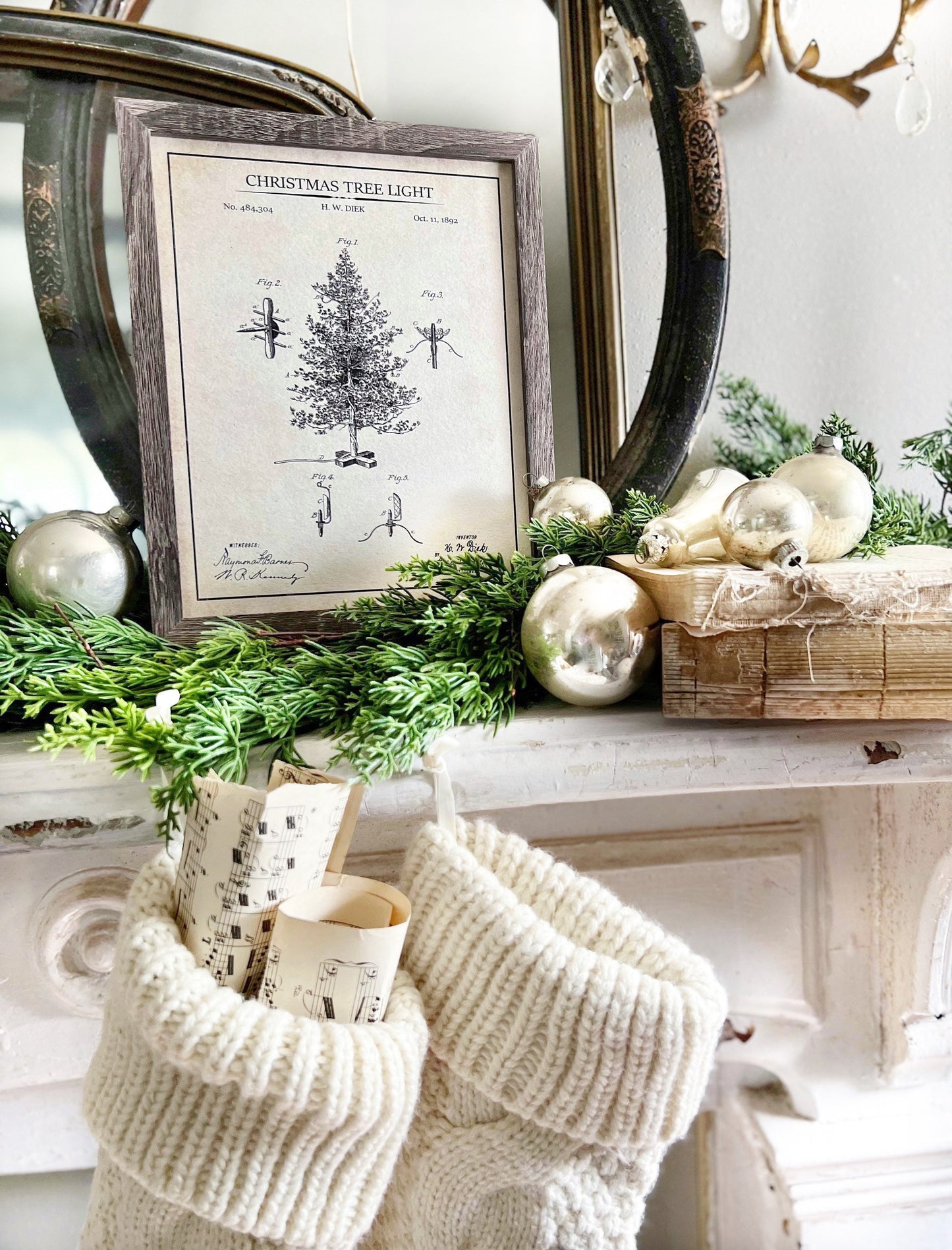 Christmas Patent TREE Wood Sign FRAMED Vintage Christmas Farmhouse Wall Art Print Primitive