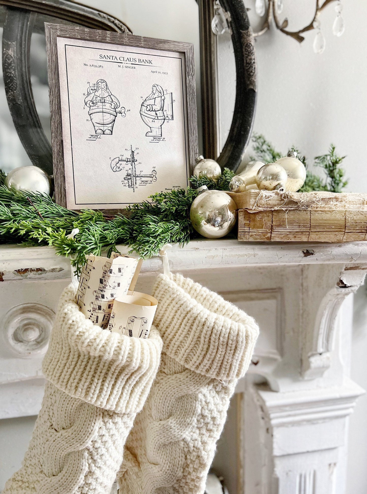 Christmas Patent SANTA Wood Sign FRAMED Vintage Christmas Farmhouse Wall Art Print Primitive