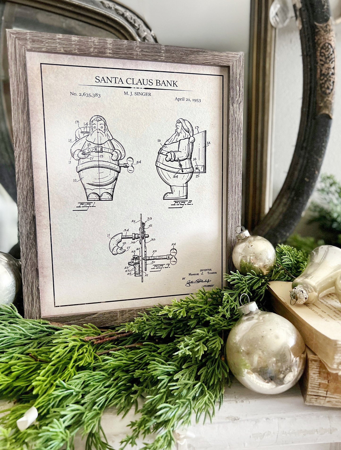 Christmas Patent SANTA Wood Sign FRAMED Vintage Christmas Farmhouse Wall Art Print Primitive