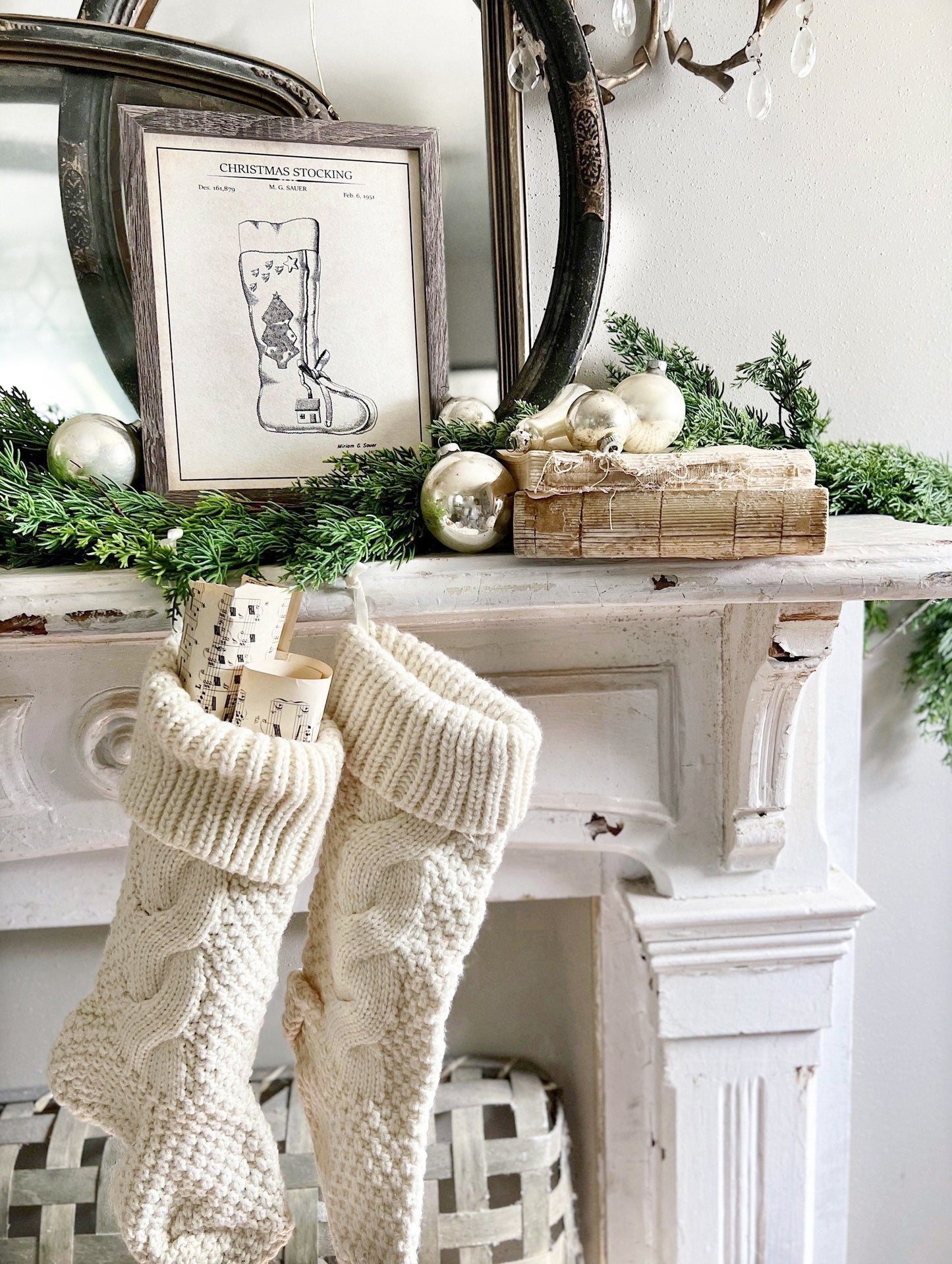 Christmas Patent STOCKING Wood Sign FRAMED Vintage Christmas Farmhouse Wall Art Print Primitive