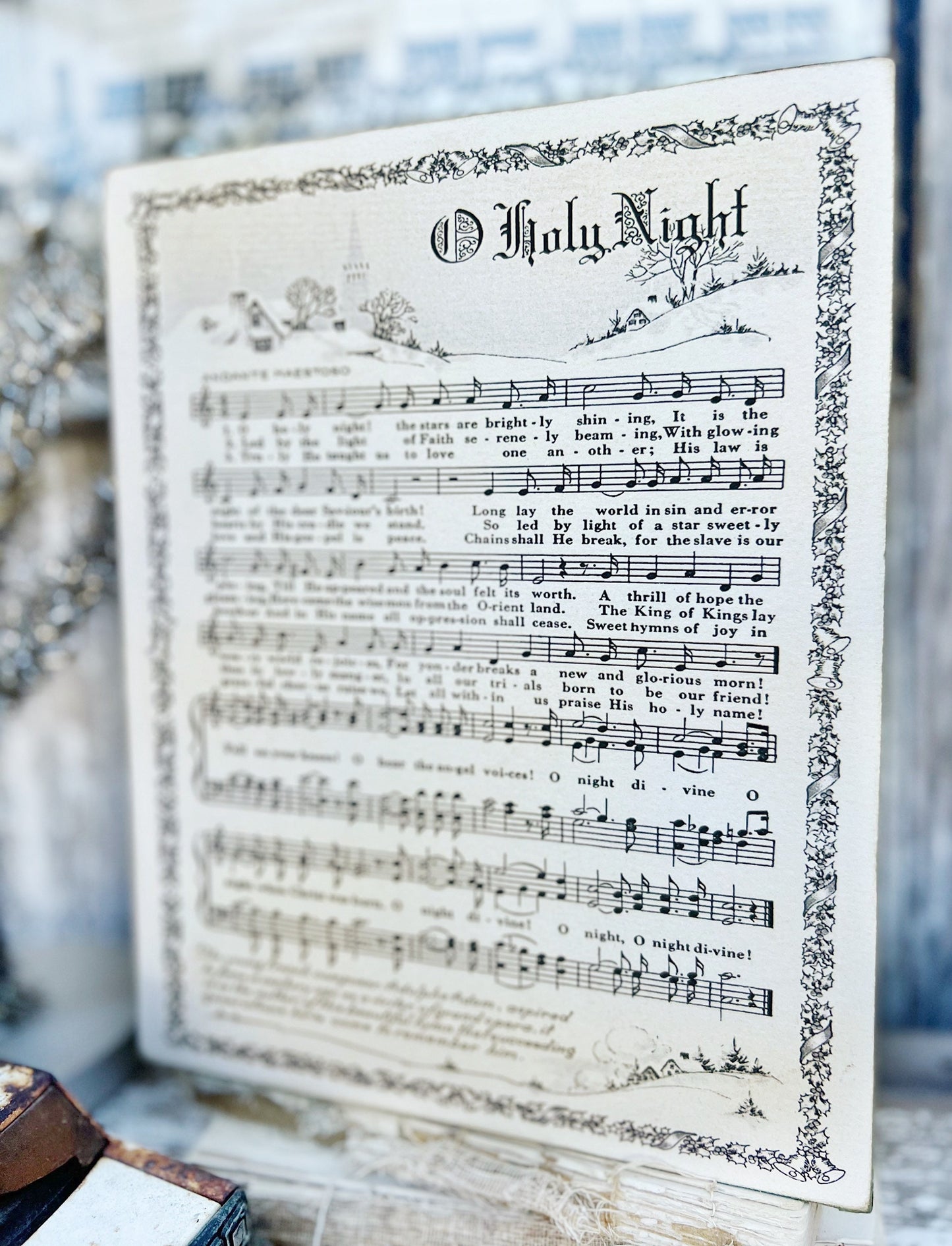OH HOLY NIGHT Sign Wood Vintage Sheet Music Carol Christmas Decor Poster Farmhouse Decor Book Page Wall Art Thrill Of Hope