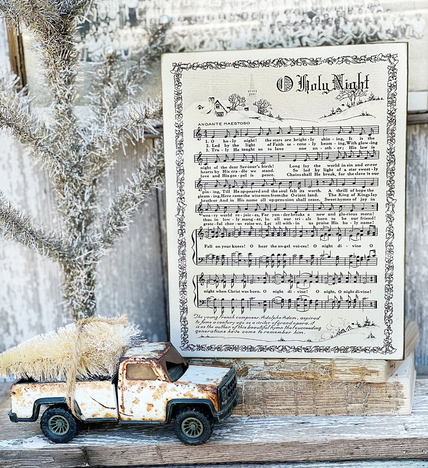 OH HOLY NIGHT Sign Wood Vintage Sheet Music Carol Christmas Decor Poster Farmhouse Decor Book Page Wall Art Thrill Of Hope