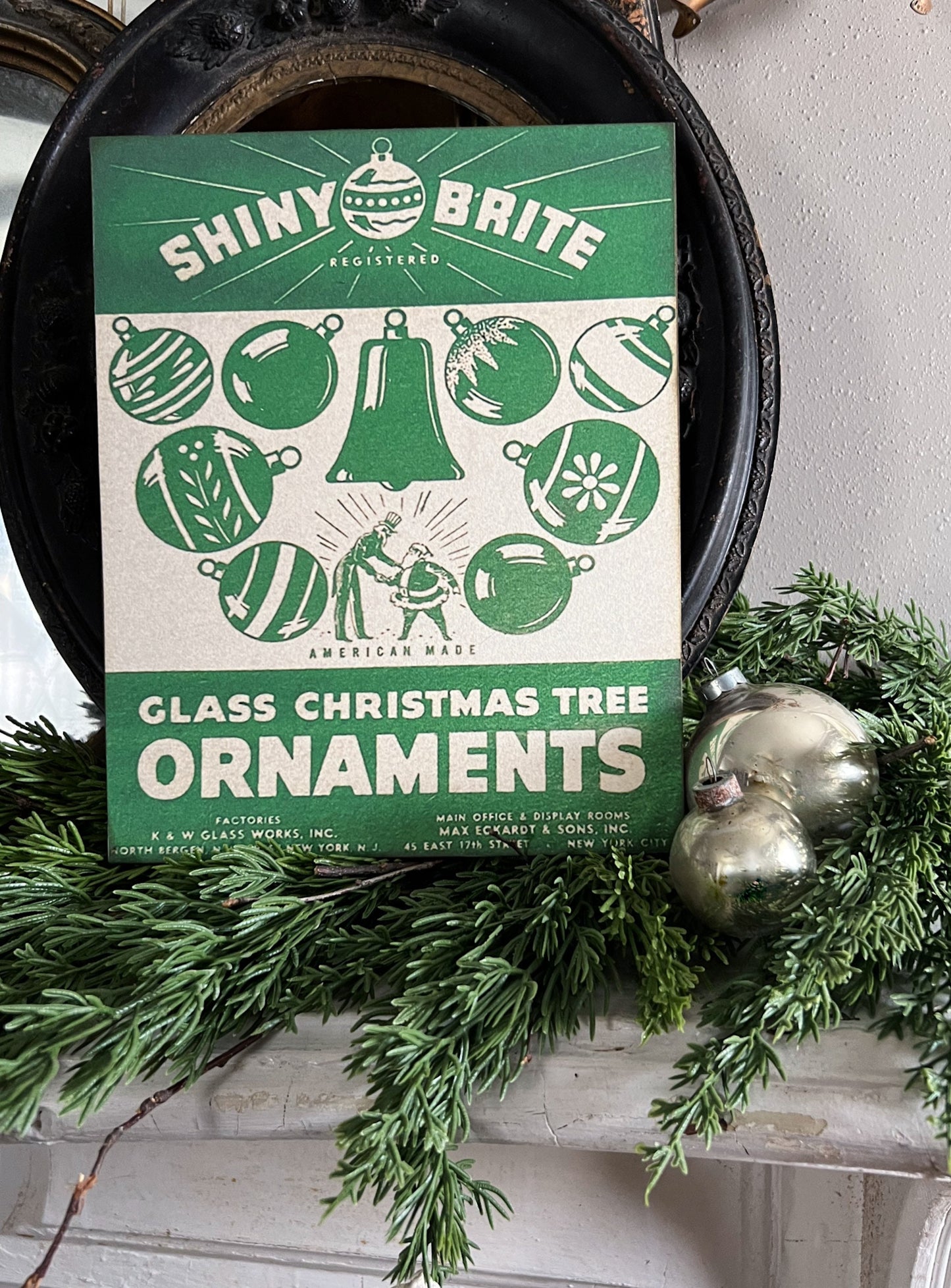 SHINY BRITE ORNAMENTS Wood Sign Green Farmhouse Christmas Decor Vintage Ornament Advertising Sign Wall Art Print