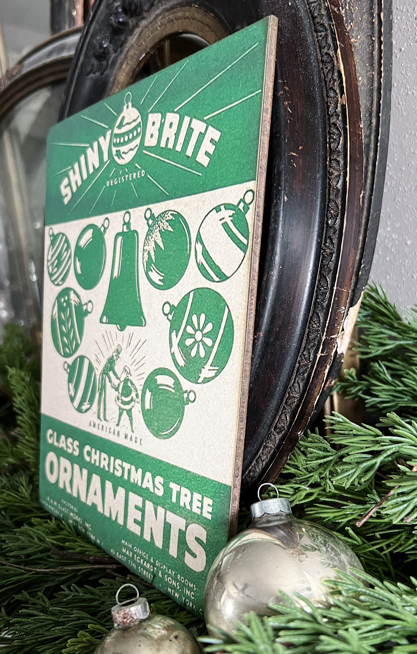 SHINY BRITE ORNAMENTS Wood Sign Green Farmhouse Christmas Decor Vintage Ornament Advertising Sign Wall Art Print