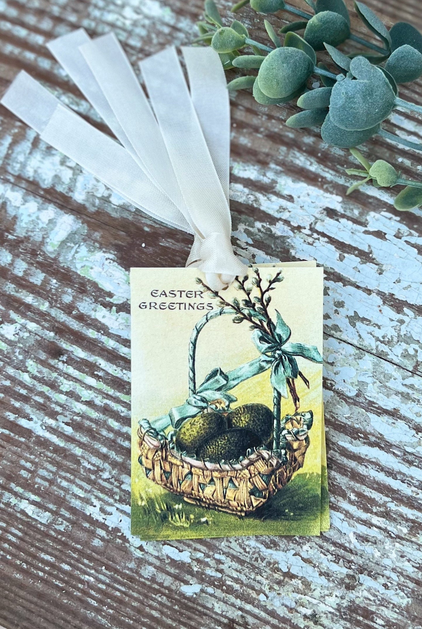 EASTER GREETINGS Vintage Gift Tags Basket Eggs French Farmhouse Decor Card Shabby Set Of 8