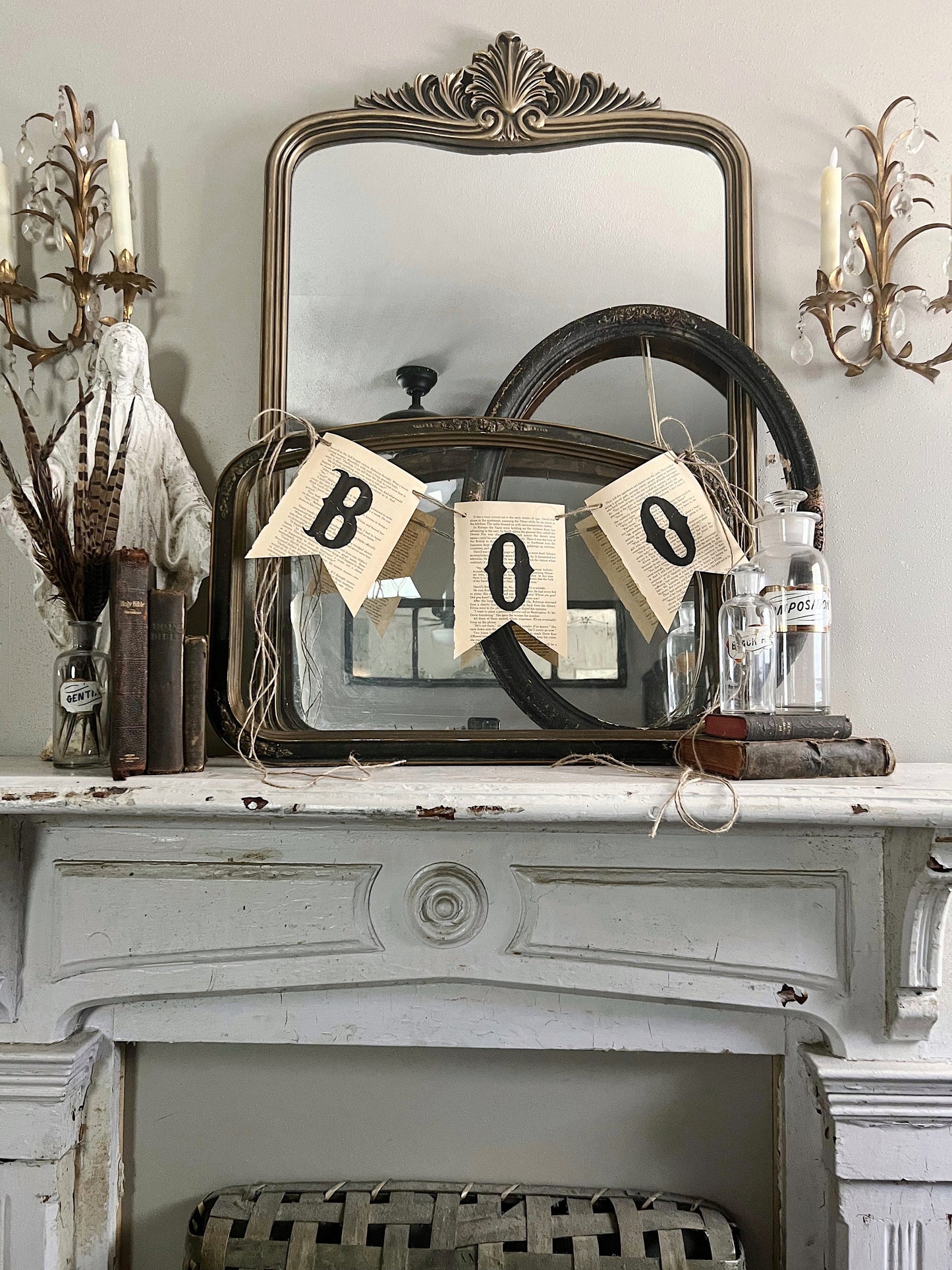 BOO Banner Vintage Book Page BANNER Bunting Pennant Sign Farmhouse Decor Garland Rustic Book Page Art Fall Halloween