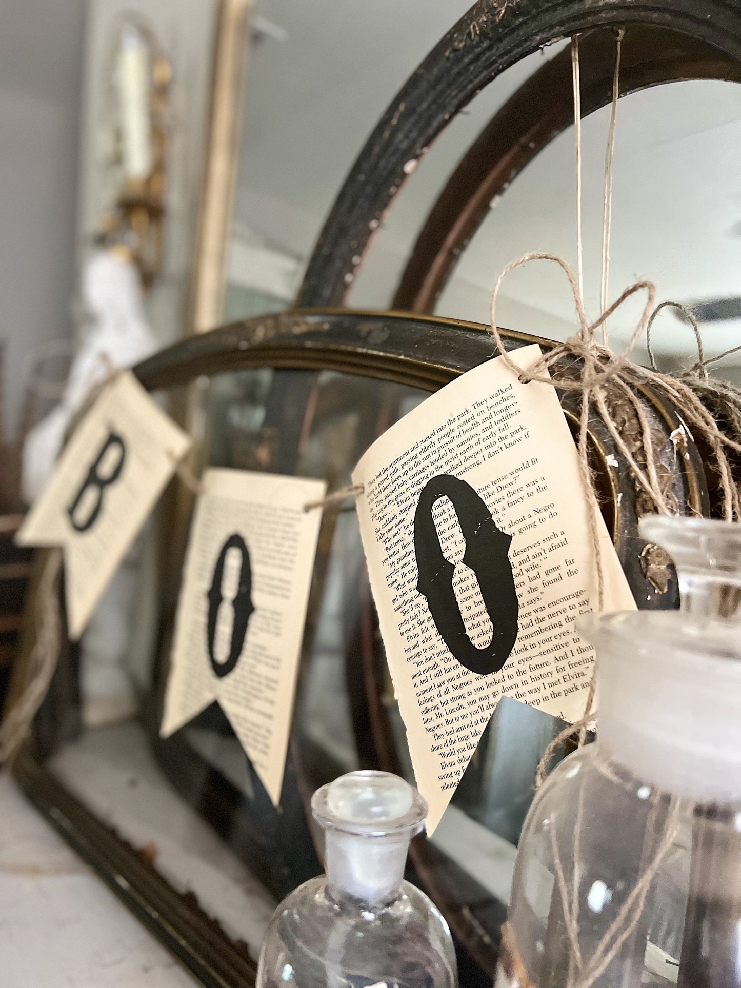 BOO Banner Vintage Book Page BANNER Bunting Pennant Sign Farmhouse Decor Garland Rustic Book Page Art Fall Halloween