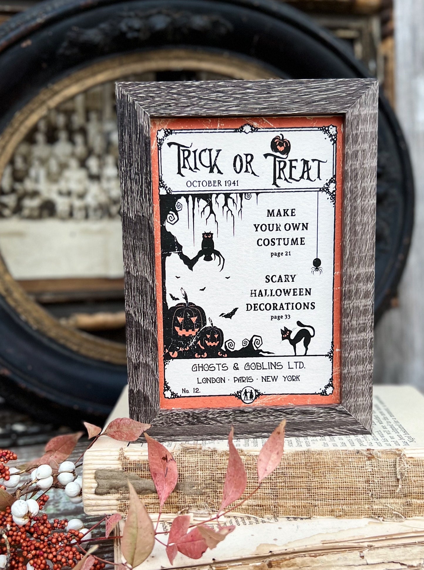 HALLOWEEN Trick or Treat COSTUME Sign Frame Farmhouse Vintage Retro Print Decor Barn Wood Rustic Primitive Framed