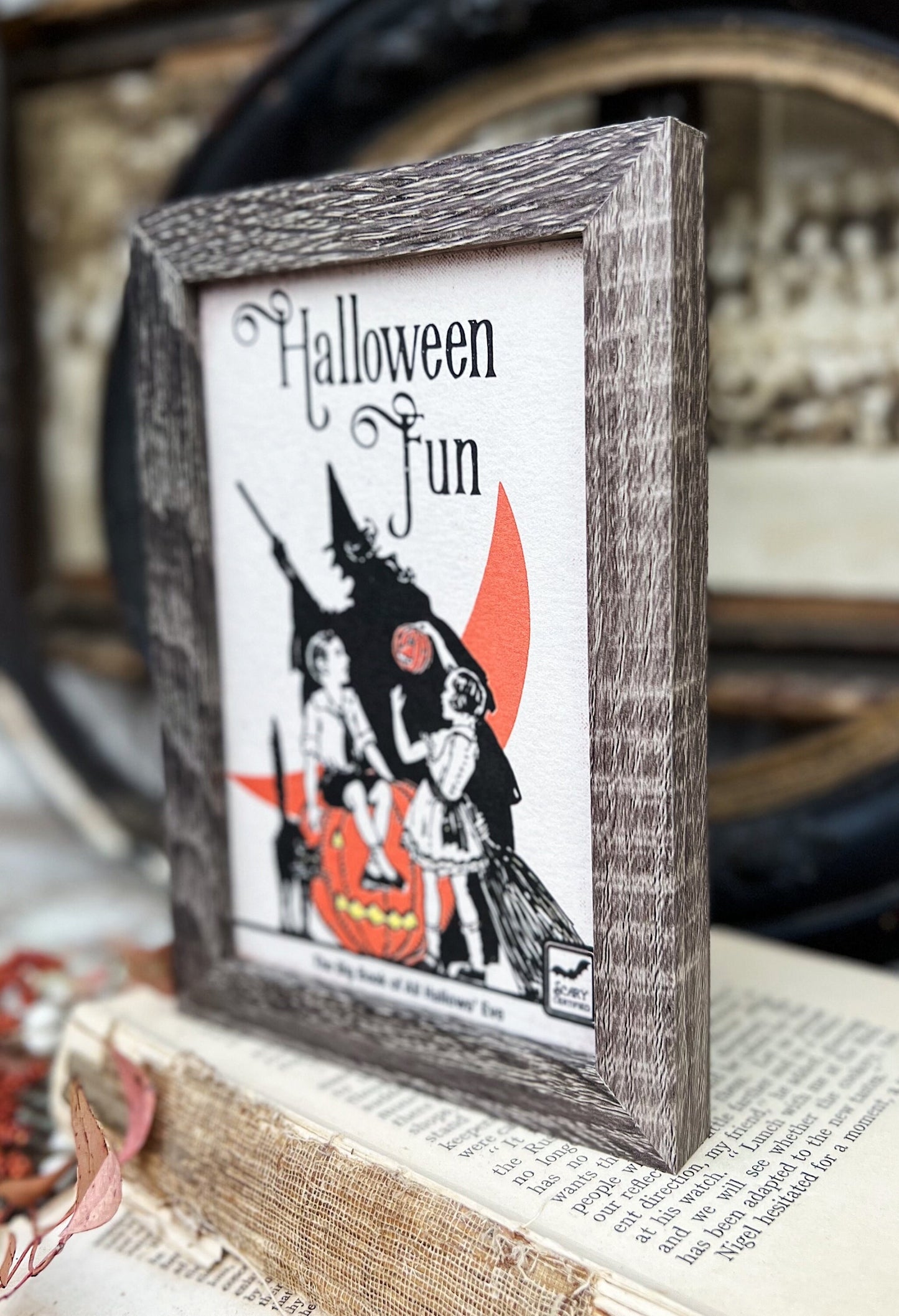 HALLOWEEN FUN Sign Frame Black Cat Pumpkin Witch Farmhouse Vintage Retro Print Decor Barn Wood Rustic Primitive Framed