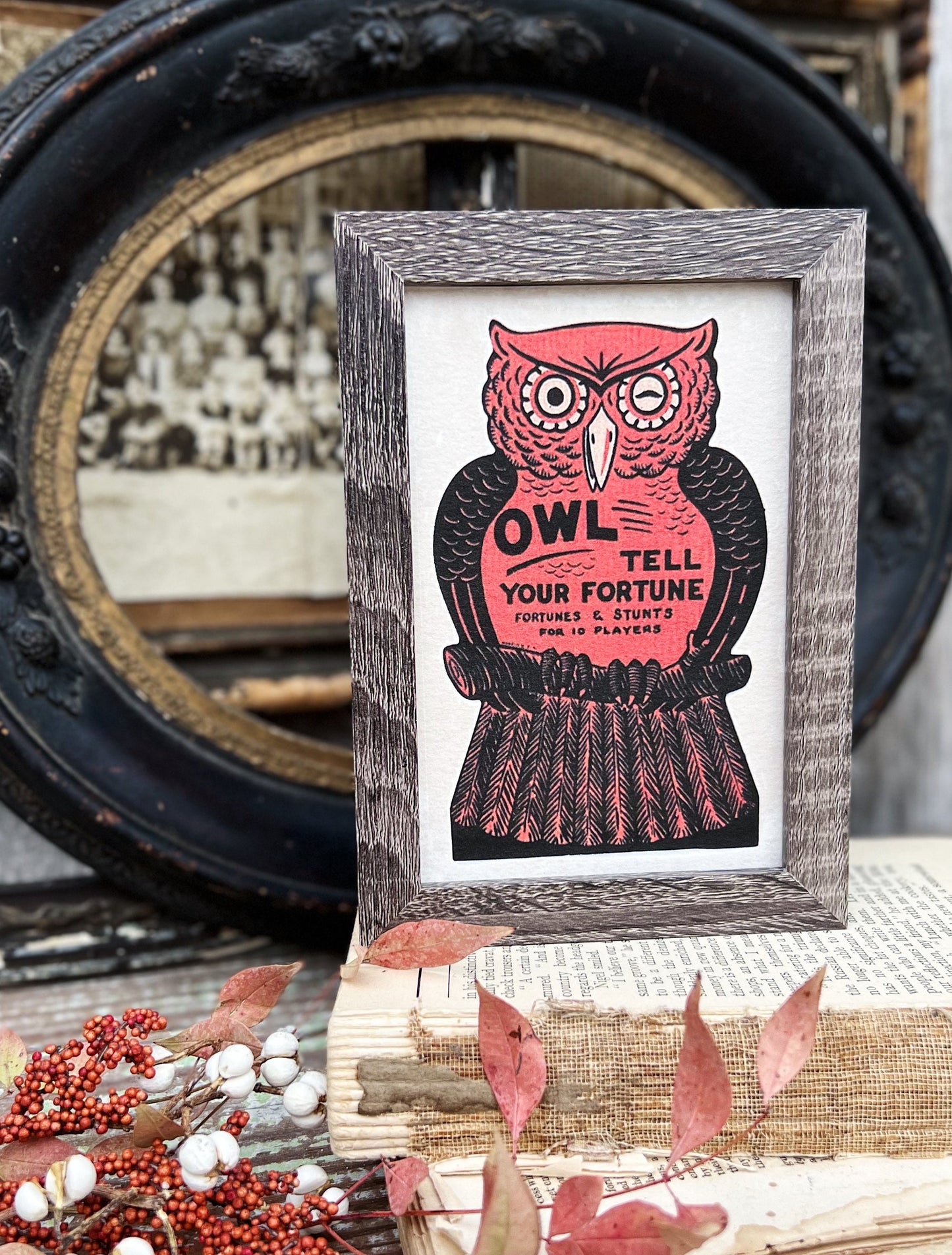 HALLOWEEN OWL Sign Frame Farmhouse Vintage Retro Print Decor Barn Wood Rustic Primitive Framed