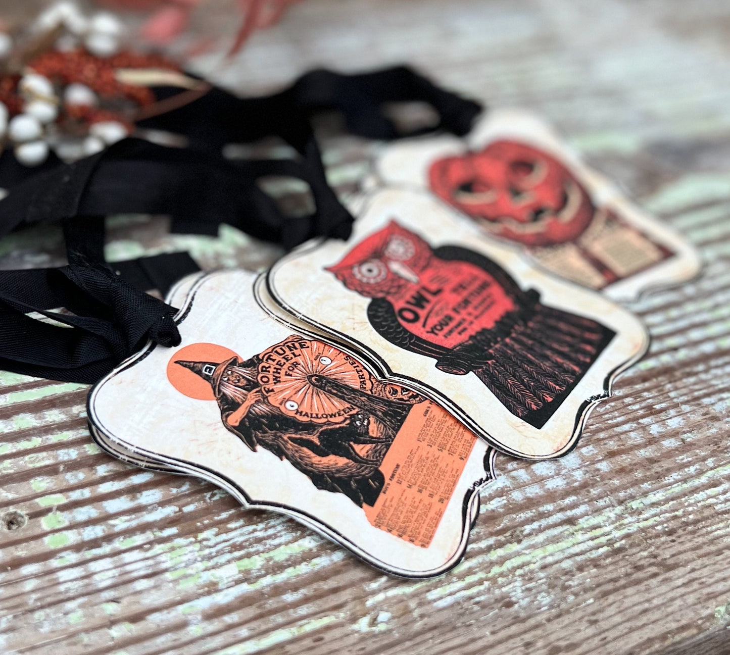 HALLOWEEN Gift Tags RETRO Vintage Black Bracket Scull Farmhouse Decor Grungy Party Favor Halloween Card Tag Owl Pumpkin Witch Black Cat Fall