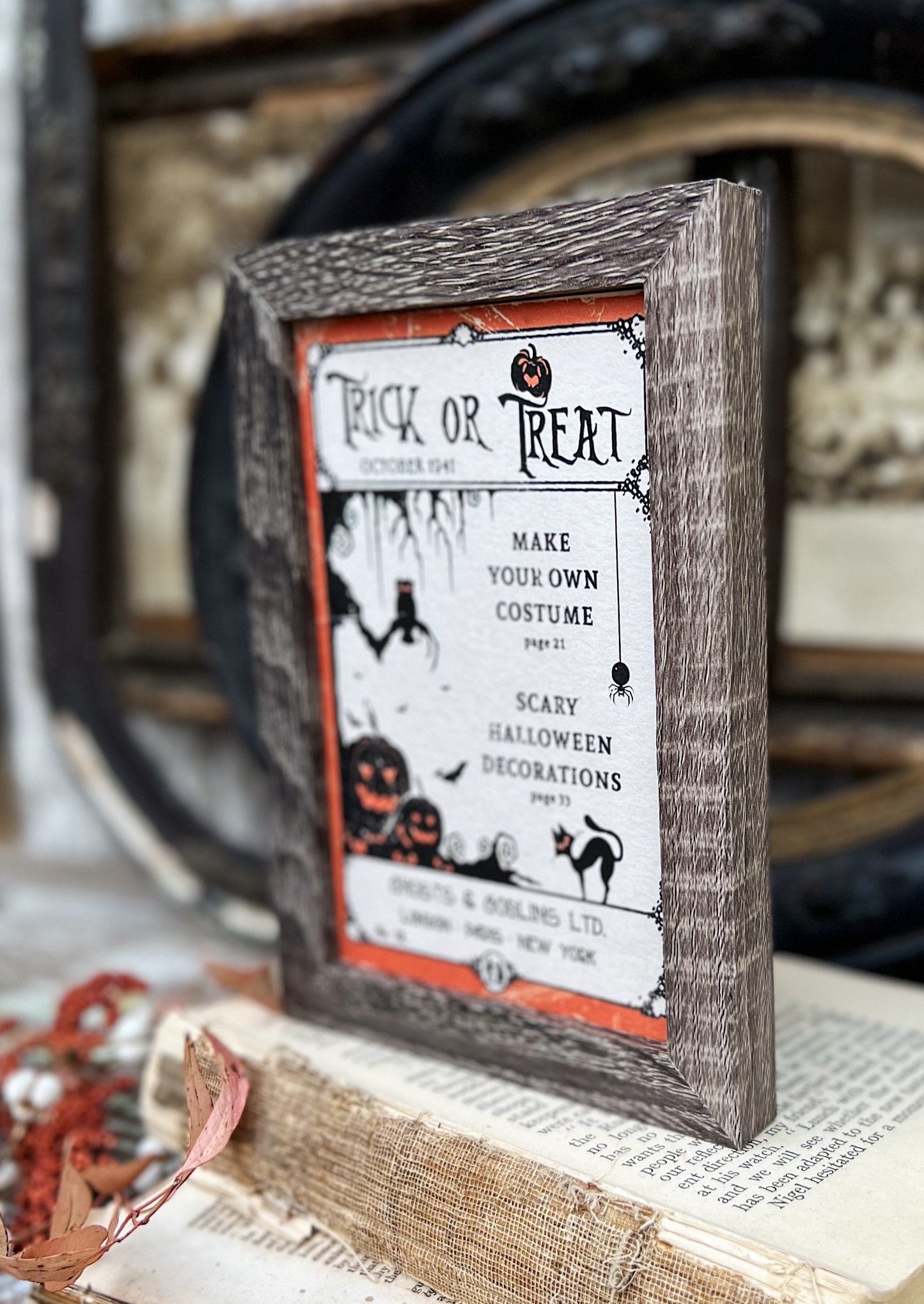 HALLOWEEN Trick or Treat COSTUME Sign Frame Farmhouse Vintage Retro Print Decor Barn Wood Rustic Primitive Framed