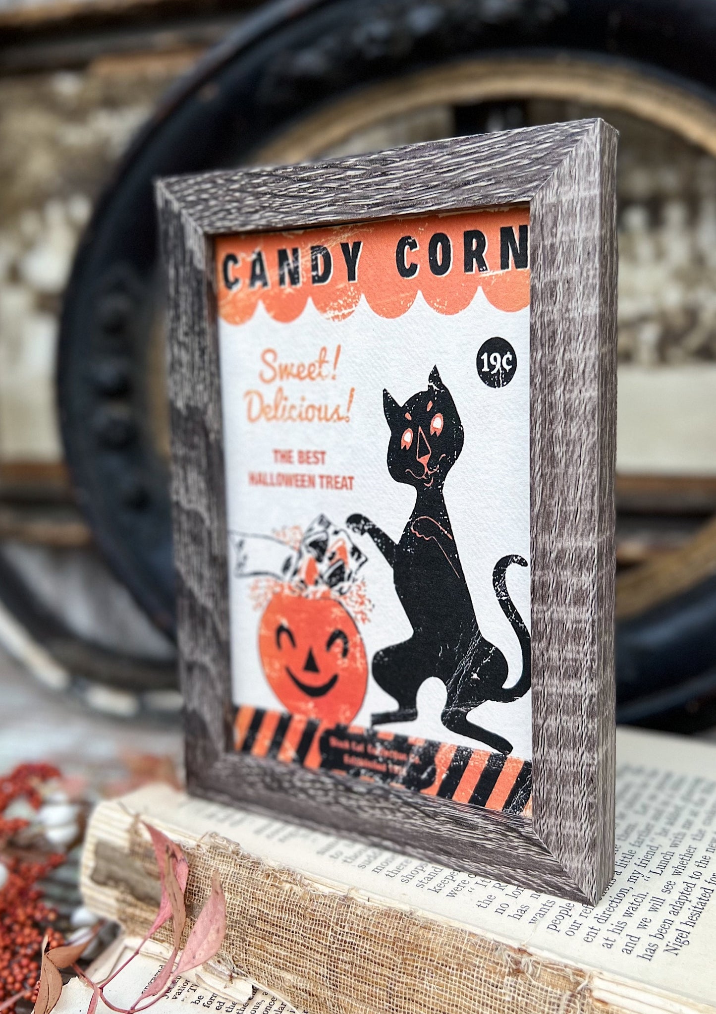 HALLOWEEN CANDY CORN Sign Black Cat Frame Farmhouse Vintage Retro Print Decor Barn Wood Rustic Primitive Framed