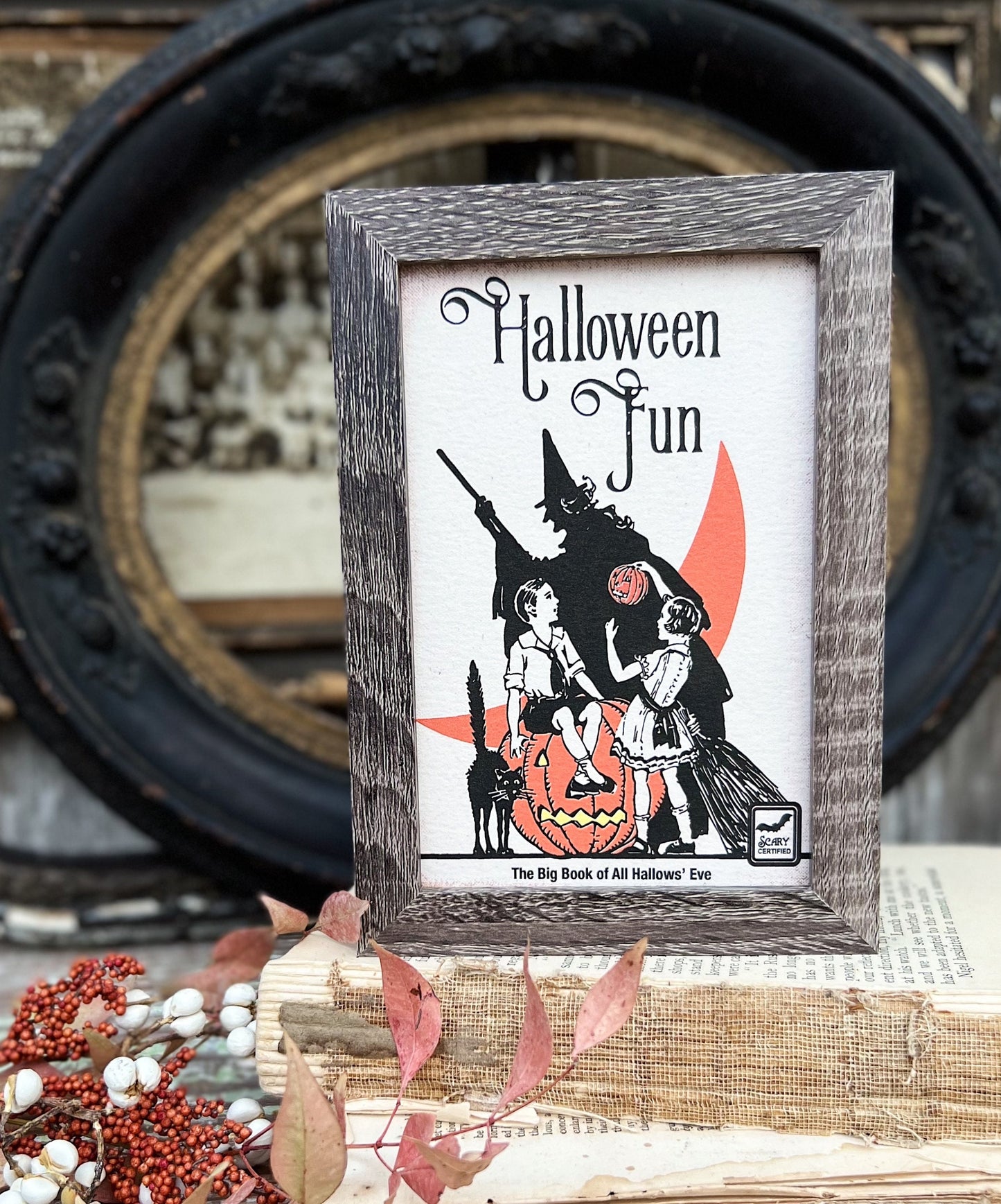 HALLOWEEN FUN Sign Frame Black Cat Pumpkin Witch Farmhouse Vintage Retro Print Decor Barn Wood Rustic Primitive Framed