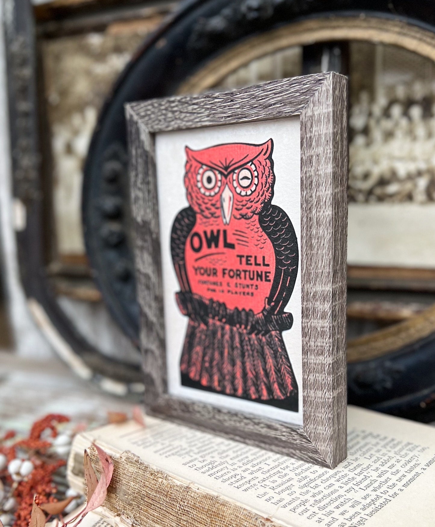 HALLOWEEN OWL Sign Frame Farmhouse Vintage Retro Print Decor Barn Wood Rustic Primitive Framed