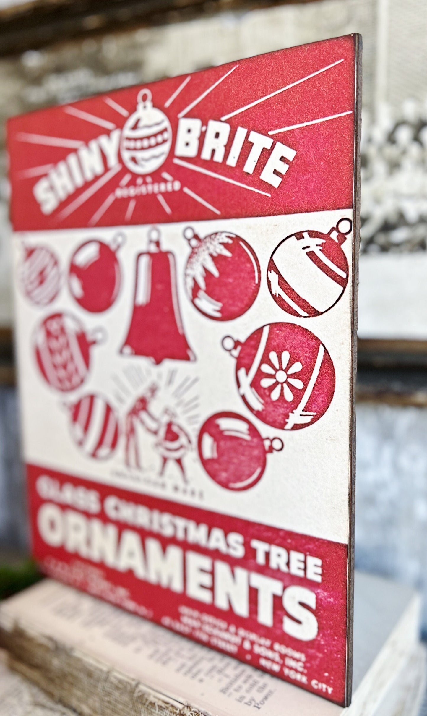 SHINY BRITE ORNAMENTS Wood Sign Red Farmhouse Christmas Decor Vintage Ornament Advertising Sign Wall Art Print