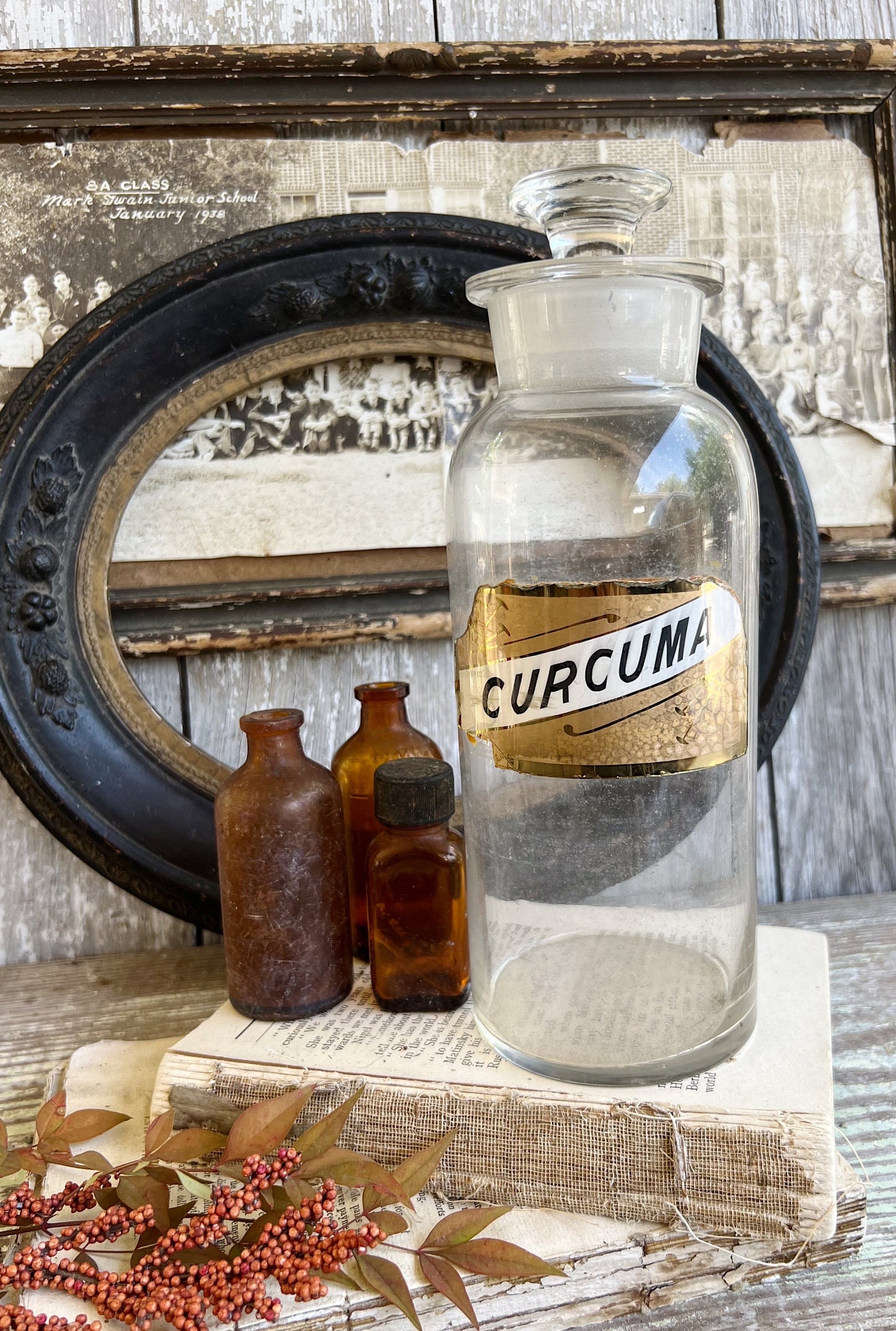 Antique Glass Apothecary Bottle with Painted Label Under Glass Pharmacy Farmhouse Industrial Decor Industrial MEDICAL Salvage CURCUMA