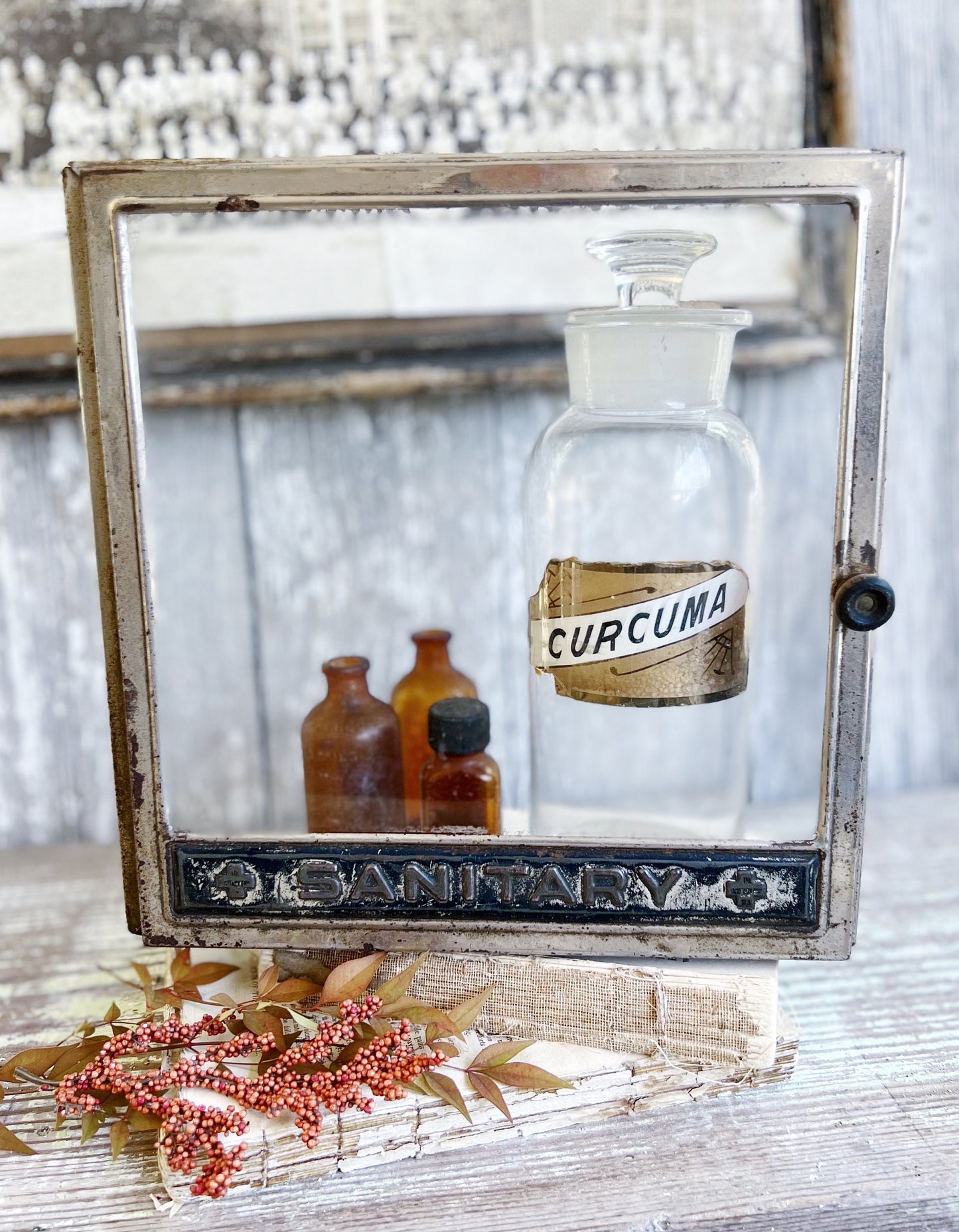 Antique Glass Apothecary Bottle with Painted Label Under Glass Pharmacy Farmhouse Industrial Decor Industrial MEDICAL Salvage CURCUMA