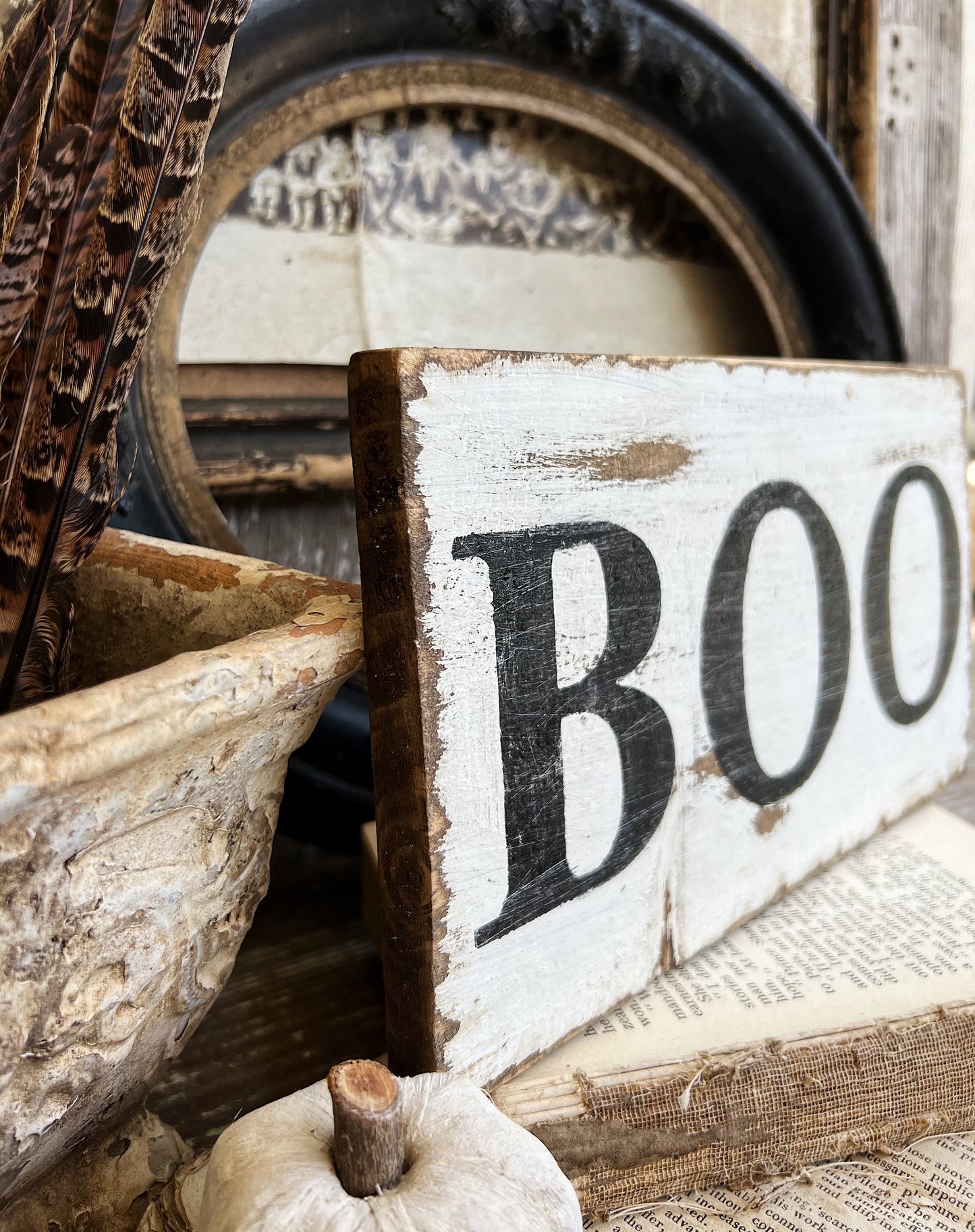 Halloween BOO Sign Vintage Salvage Barn Wood Reclaimed White Chippy Paint Farmhouse Decor Architectural Sign
