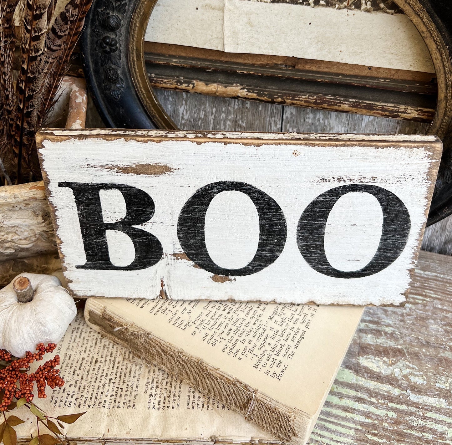 Halloween BOO Sign Vintage Salvage Barn Wood Reclaimed White Chippy Paint Farmhouse Decor Architectural Sign