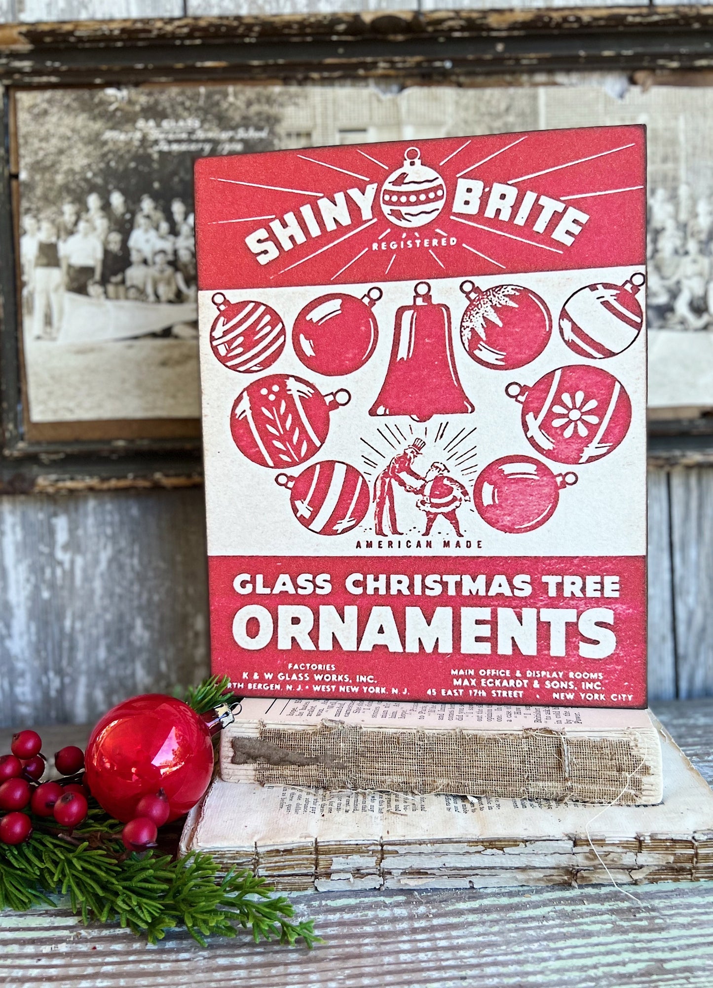 SHINY BRITE ORNAMENTS Wood Sign Red Farmhouse Christmas Decor Vintage Ornament Advertising Sign Wall Art Print