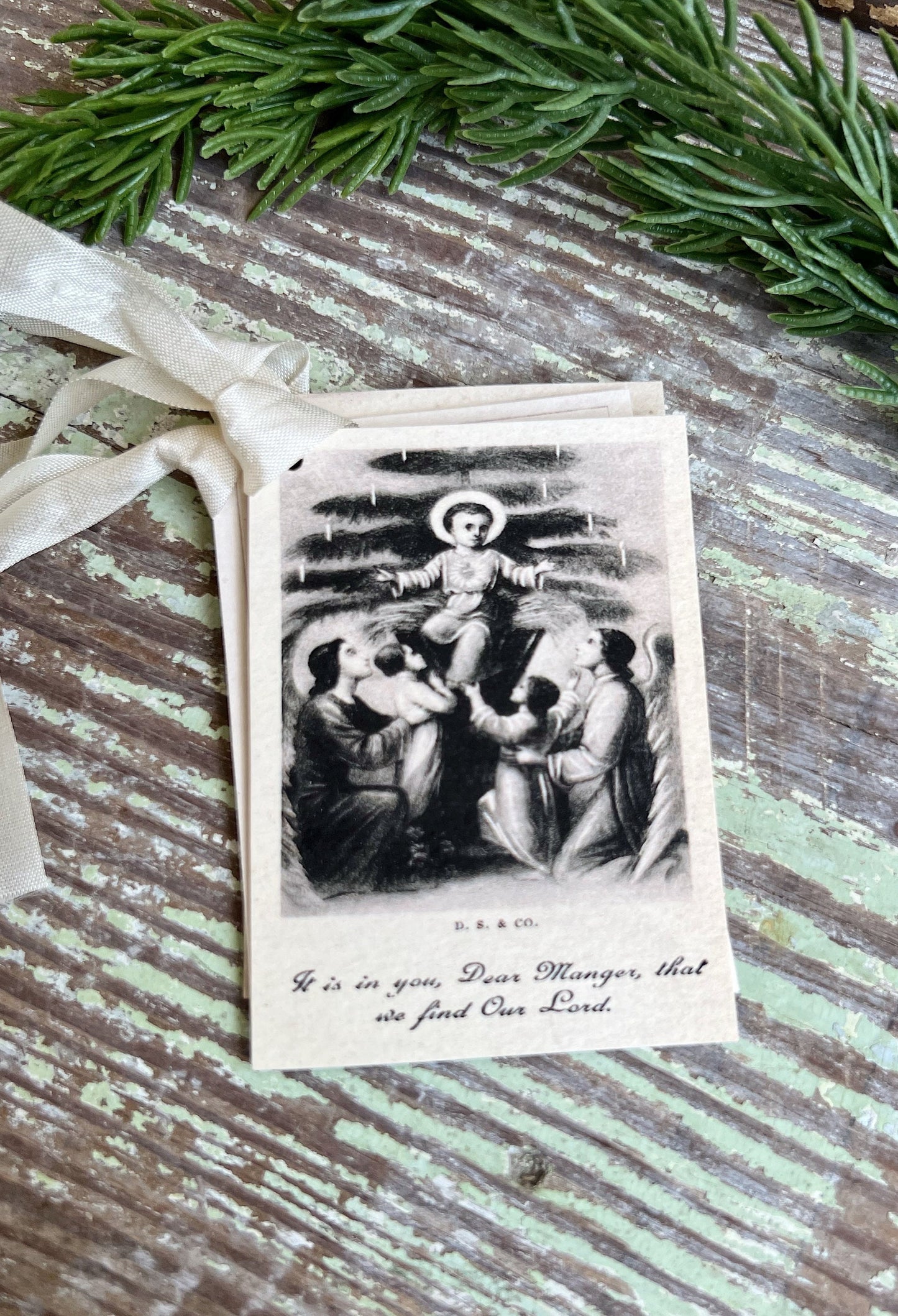 Gift Tags Infant BABY JESUS MANGER with Angels Tree Farmhouse Decor French Prayer Card Religious Christmas Christian Catholic