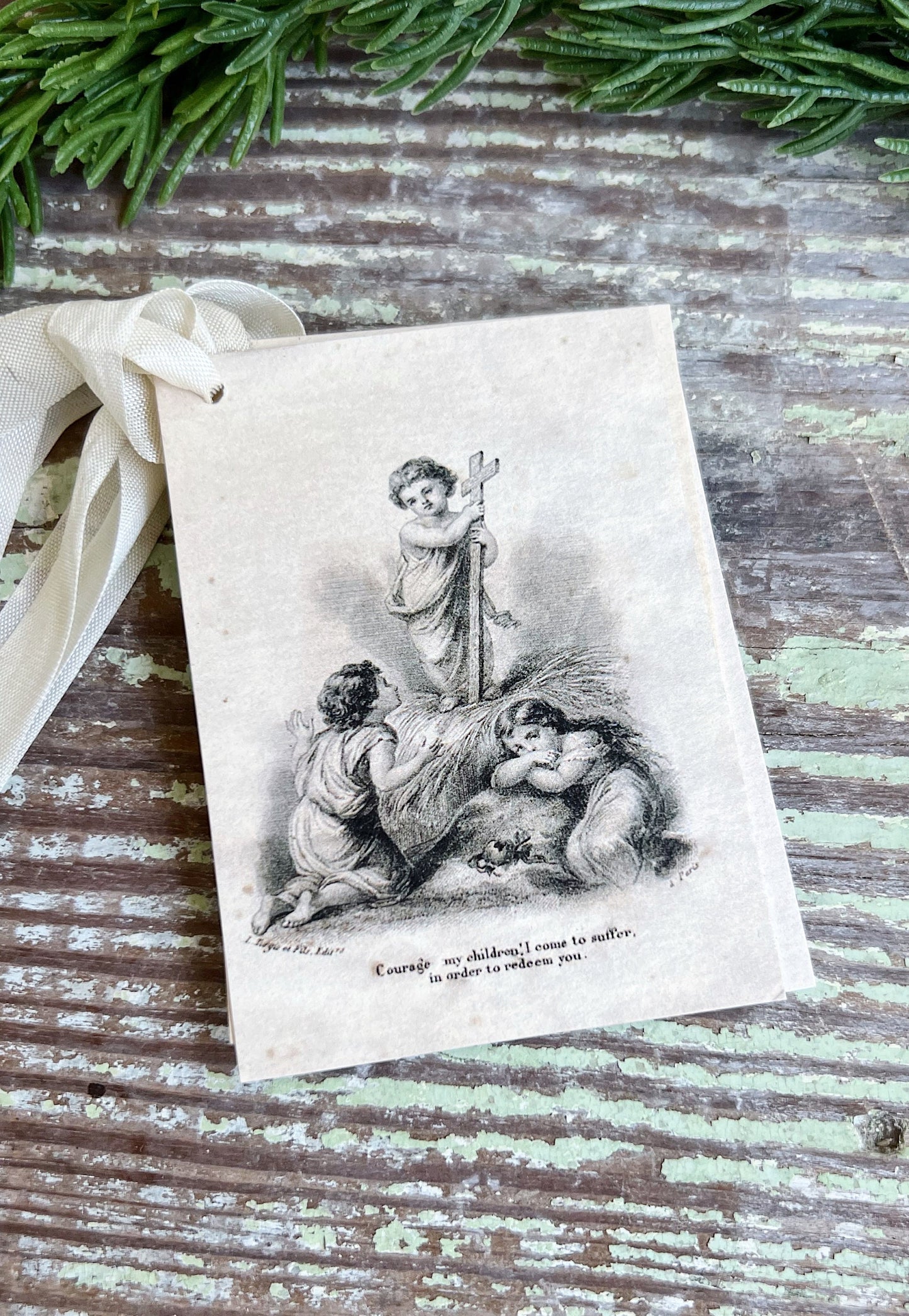 Gift Tags Infant BABY JESUS COURAGE with Angels Farmhouse Decor French Prayer Holy Card Religious Christmas Christian Catholic Easter