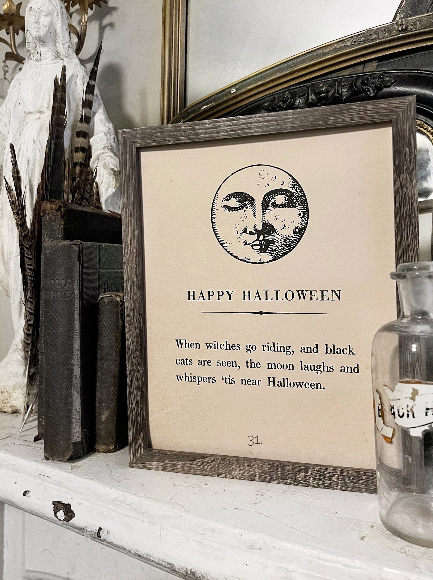 HAPPY HALLOWEEN Vintage Book Page Sign Wood Frame Moon Primitive Fall Decor October 31