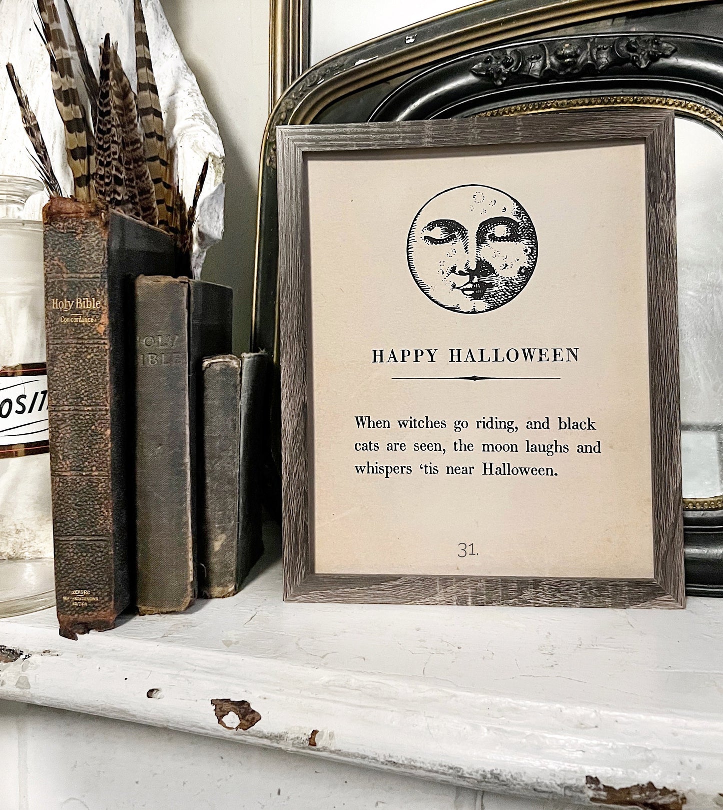 HAPPY HALLOWEEN Vintage Book Page Sign Wood Frame Moon Primitive Fall Decor October 31