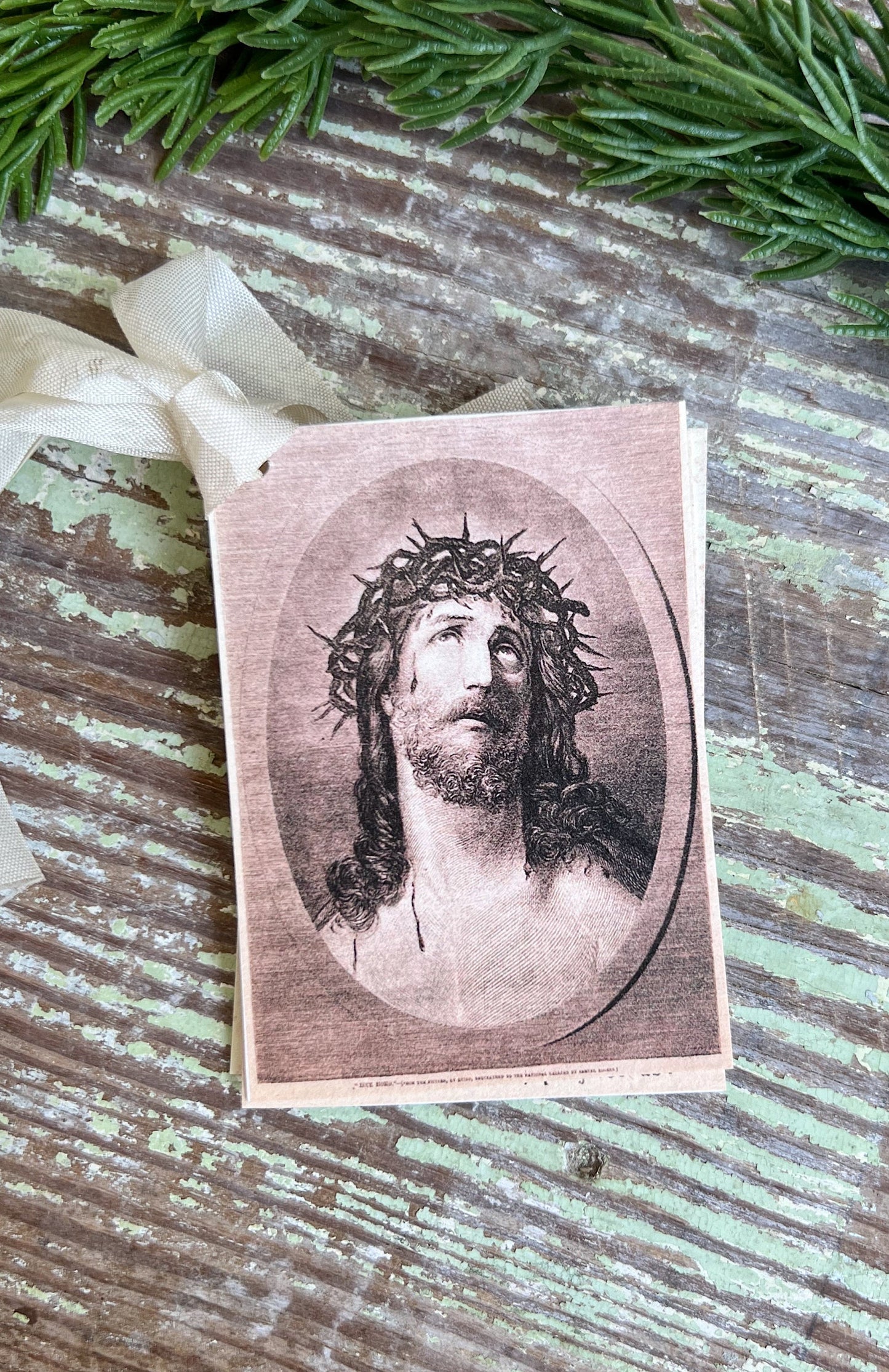 Gift Tags JESUS with Crown of Thorns Farmhouse Decor French Prayer Card Religious Christmas Christian Catholic