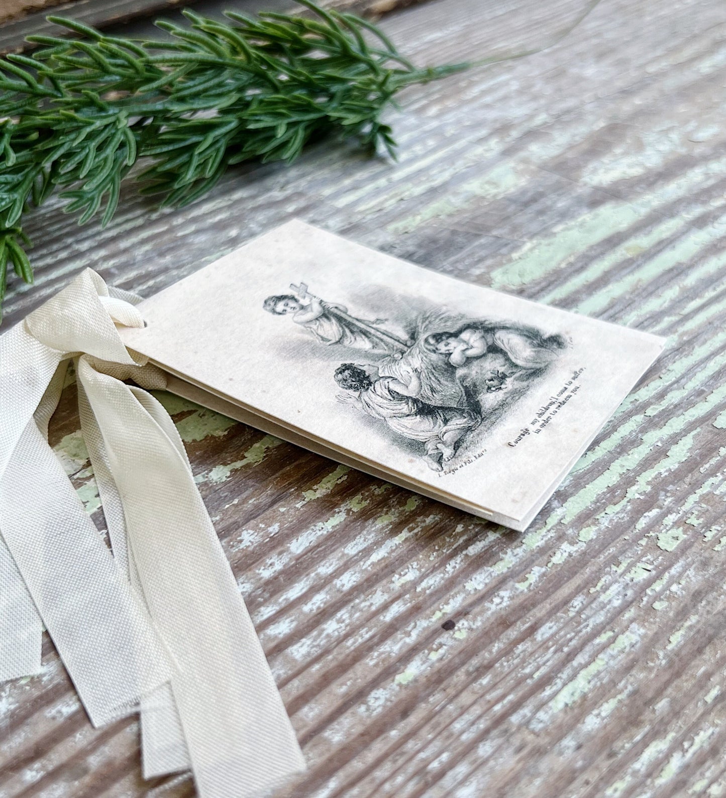 Gift Tags Infant BABY JESUS COURAGE with Angels Farmhouse Decor French Prayer Holy Card Religious Christmas Christian Catholic Easter