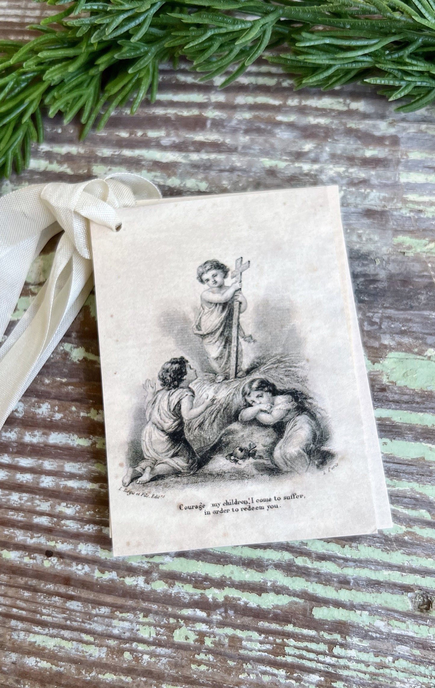 Gift Tags Infant BABY JESUS COURAGE with Angels Farmhouse Decor French Prayer Holy Card Religious Christmas Christian Catholic Easter