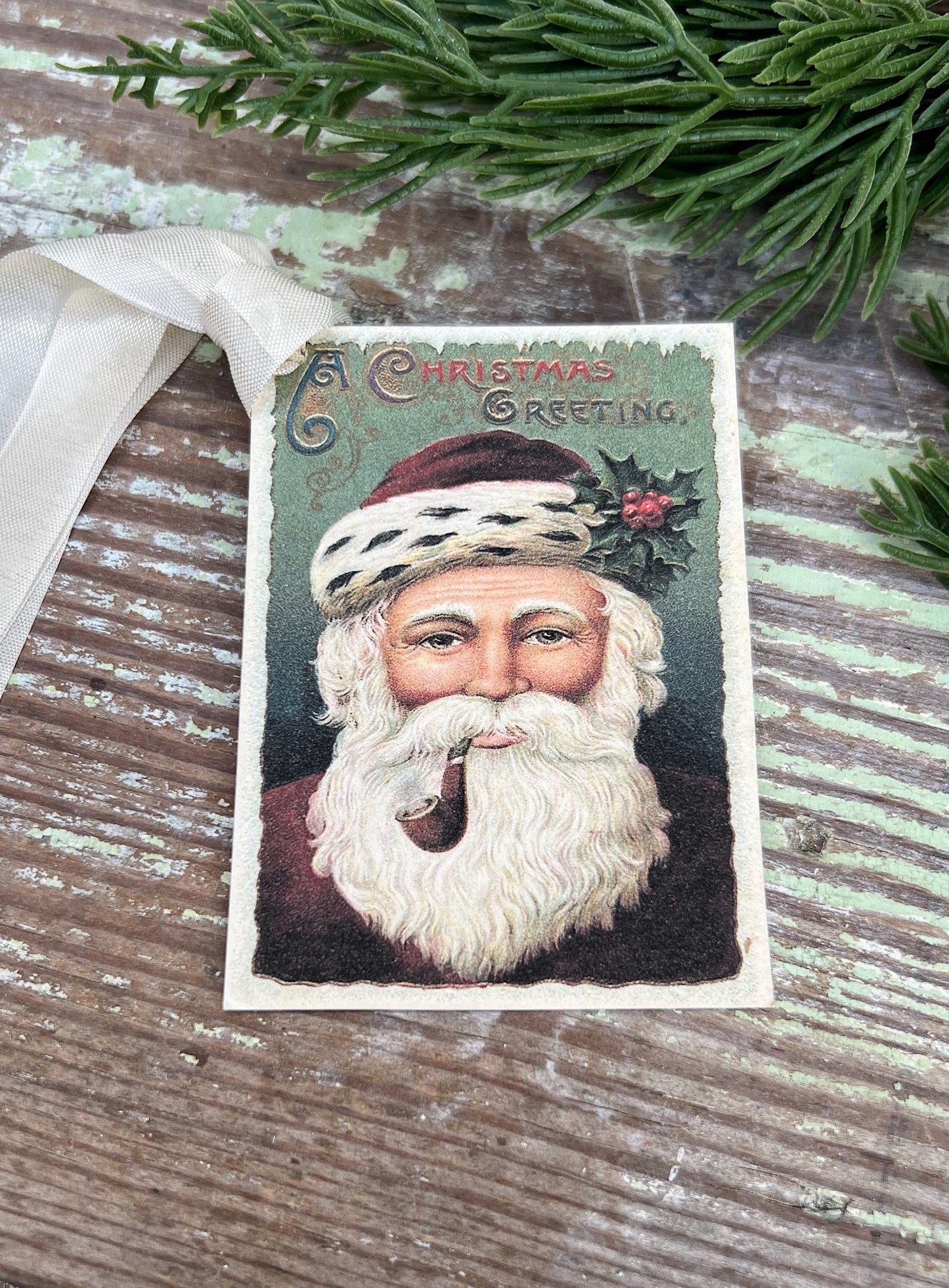 Christmas Vintage Gift Tags SANTA With PIPE Farmhouse Christmas Decor Card French Shabby Gift Wrap