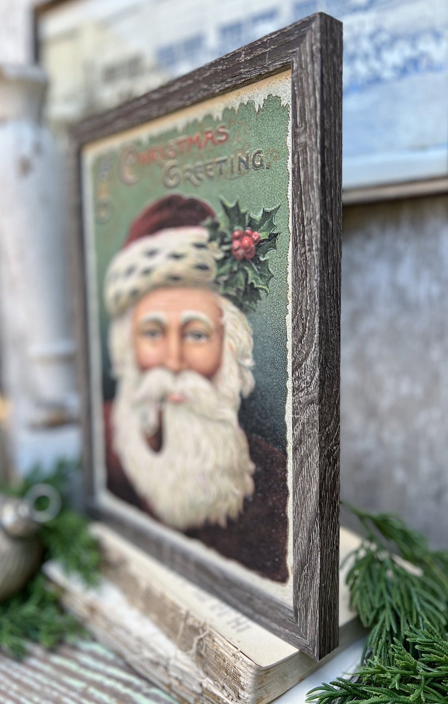 Christmas SANTA Wood Sign FRAMED Vintage Christmas Farmhouse Decor Wall Art Print Primitive