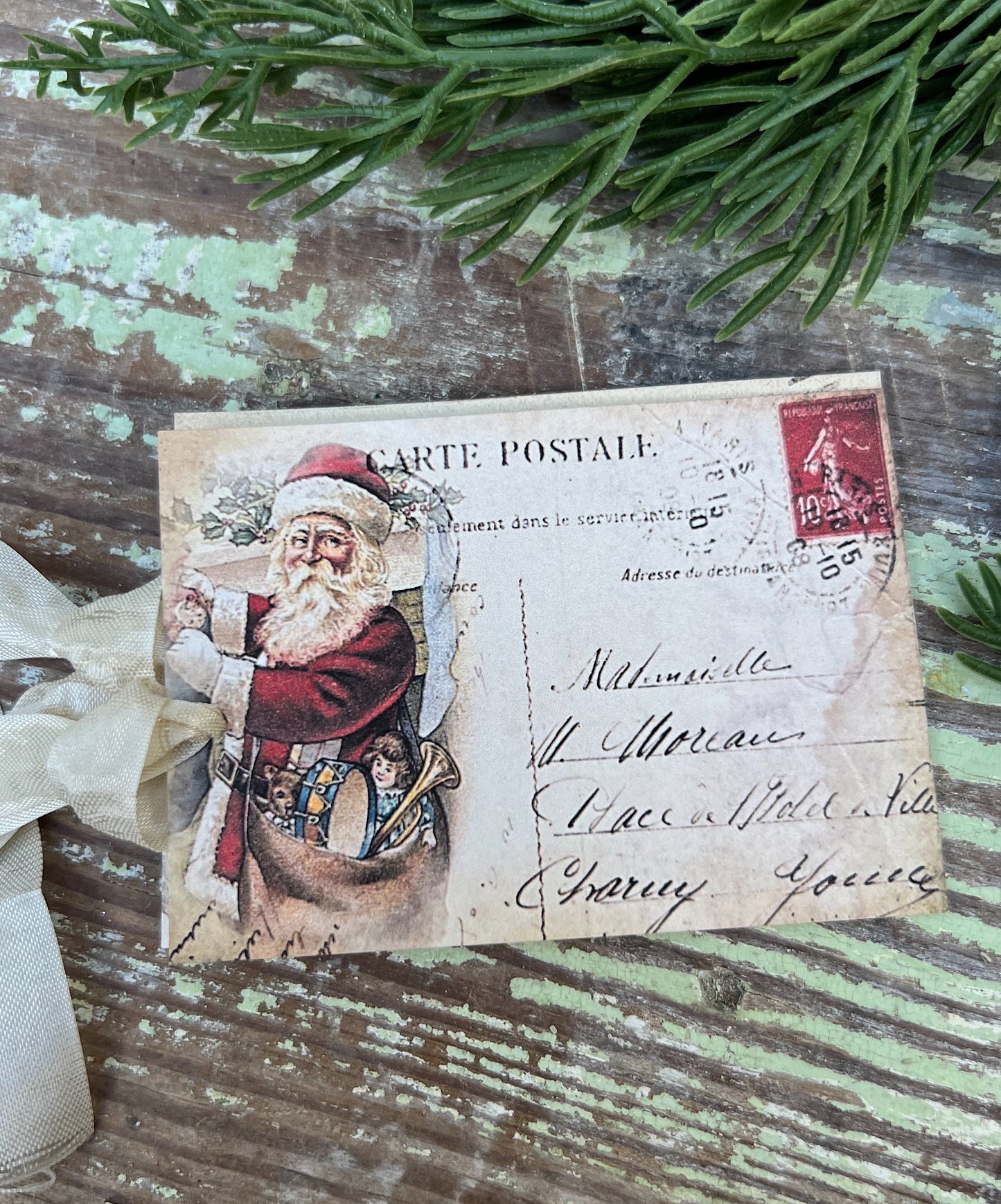 Christmas Vintage Gift Tags Santa POST CARD CHIMNEY Farmhouse Christmas Decor Card French Shabby Gift Wrap