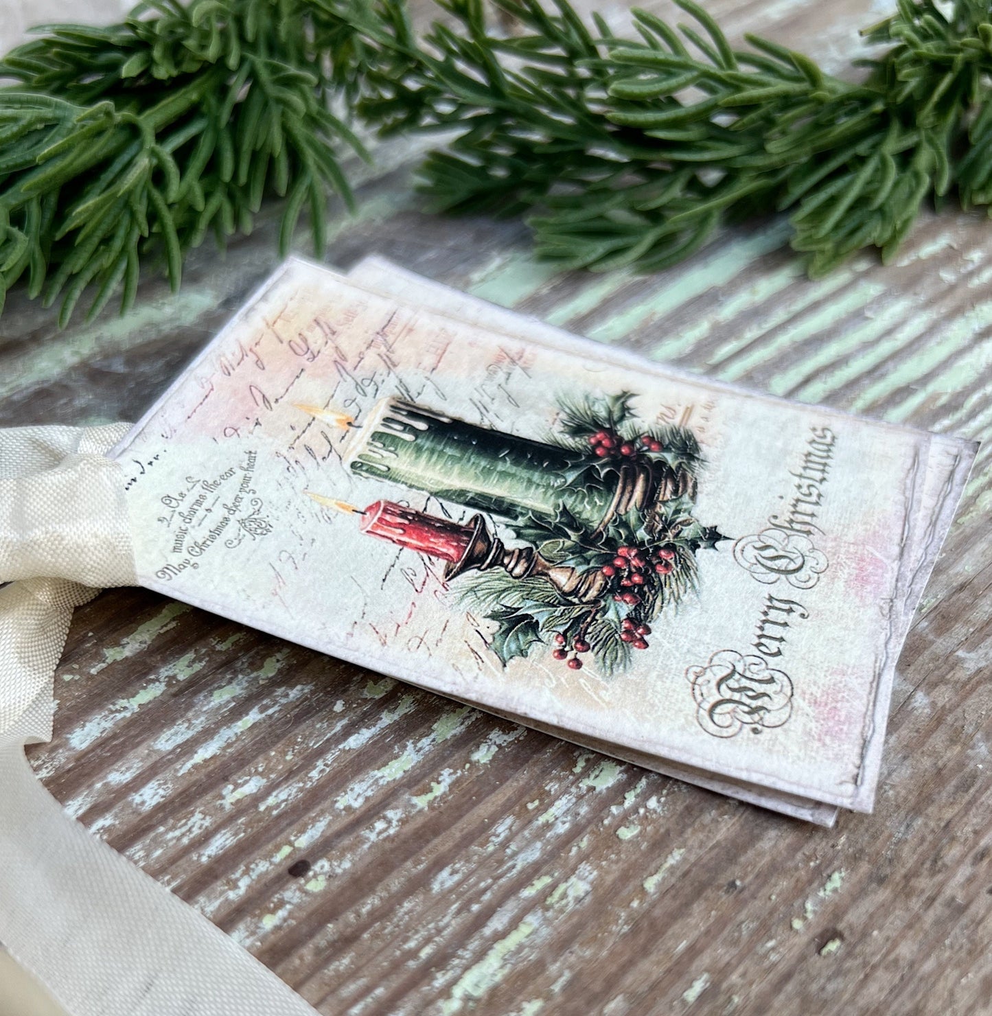 Christmas Vintage Gift Tags CANDLE MERRY CHRISTMAS Farmhouse Christmas Decor Card French Shabby Gift Wrap