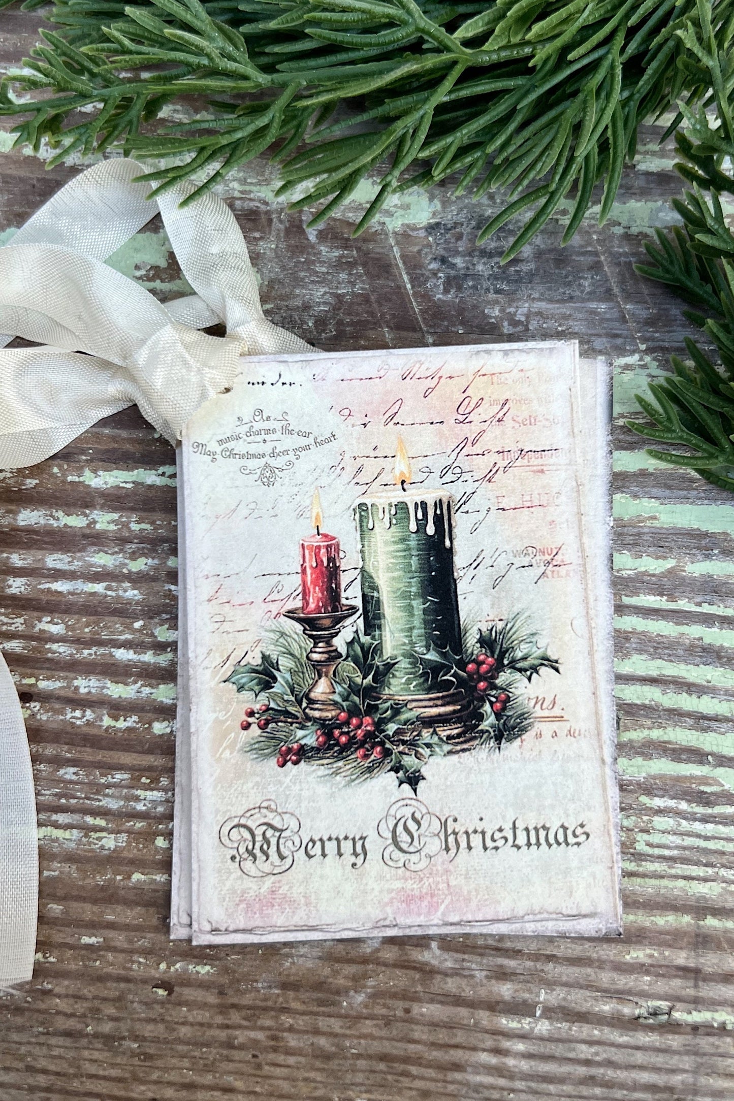 Christmas Vintage Gift Tags CANDLE MERRY CHRISTMAS Farmhouse Christmas Decor Card French Shabby Gift Wrap