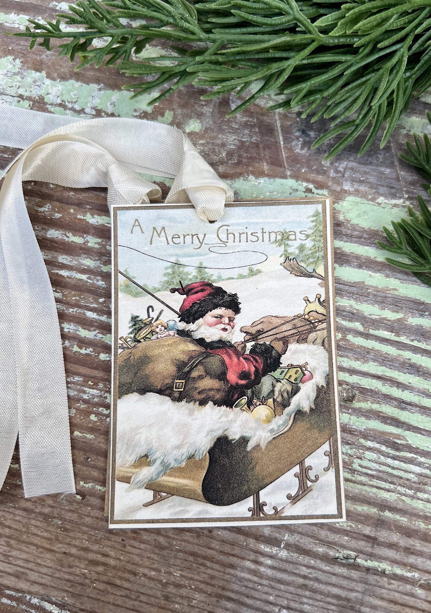 Christmas Vintage Gift Tags SANTA SLEIGH Farmhouse Christmas Decor Card French Shabby Gift Wrap