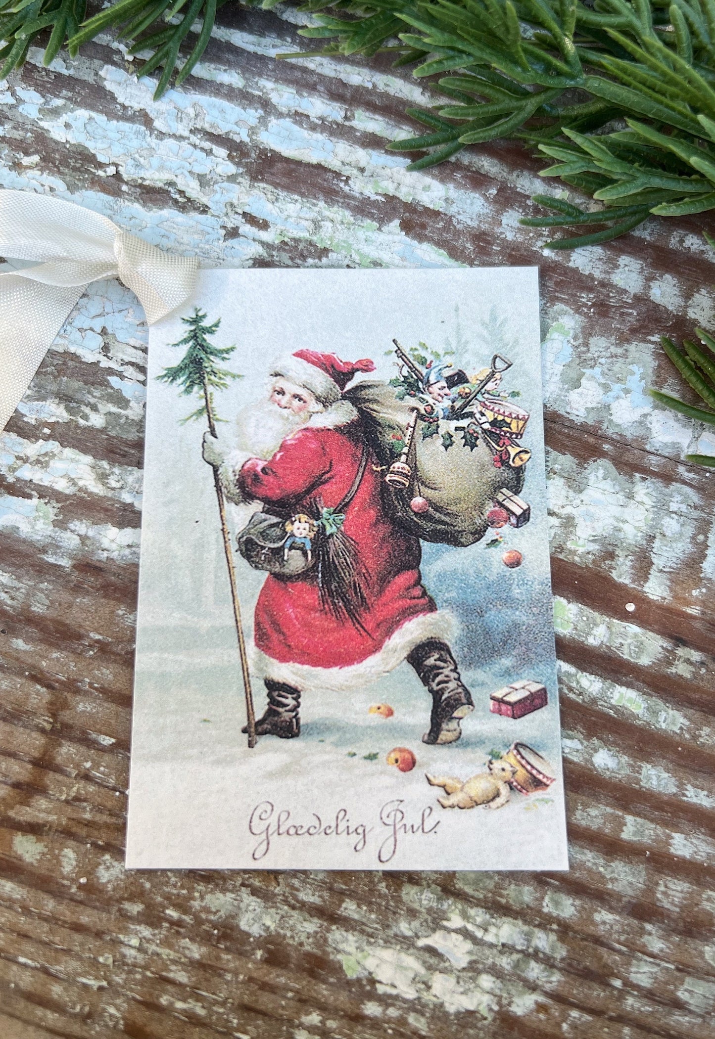 Christmas Vintage Gift Tags RED Coat SANTA with Tree Bag Toys Farmhouse Christmas Decor Card French Shabby Gift Wrap Swedish God Jul