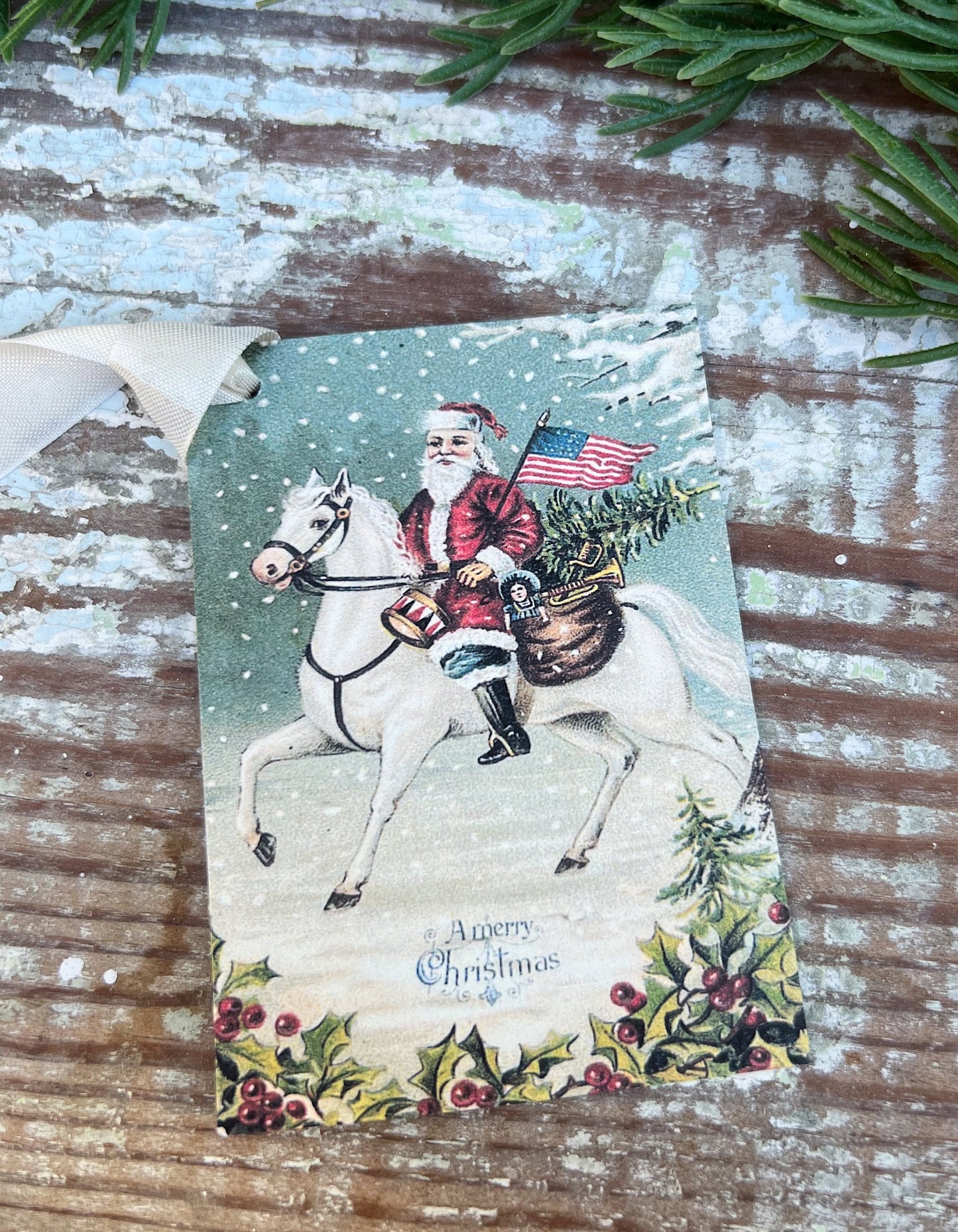 Christmas Vintage Gift Tags SANTA on HORSE USA Flag Farmhouse Christmas Decor Card French Shabby Gift Wrap